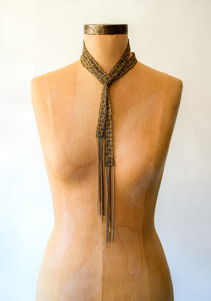 Woven Antique Gold Tone Long Fringe Necklace | Marie Laure Chamorel