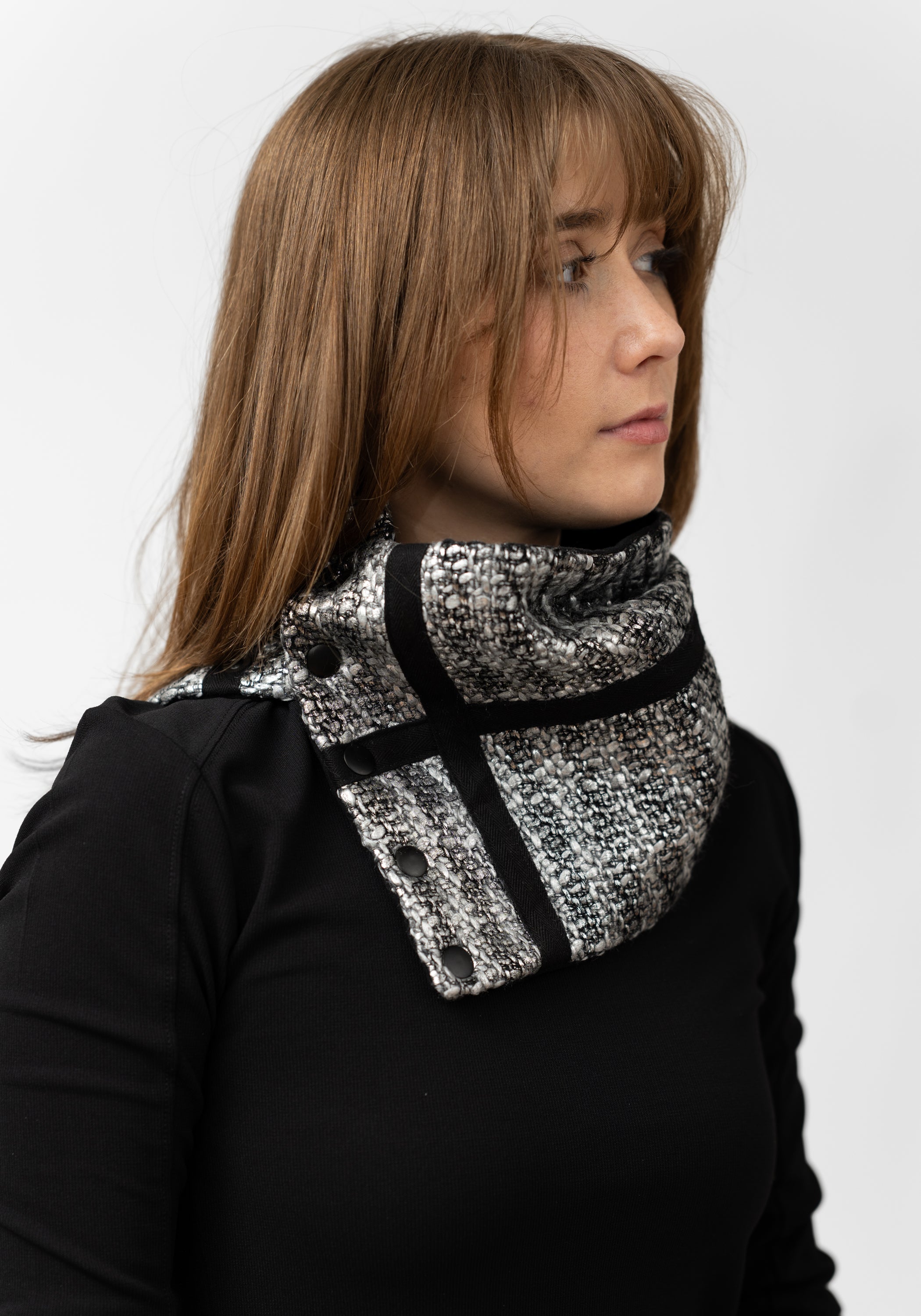 Metallic Tweed Plaid Snap Cowl - December Thieves