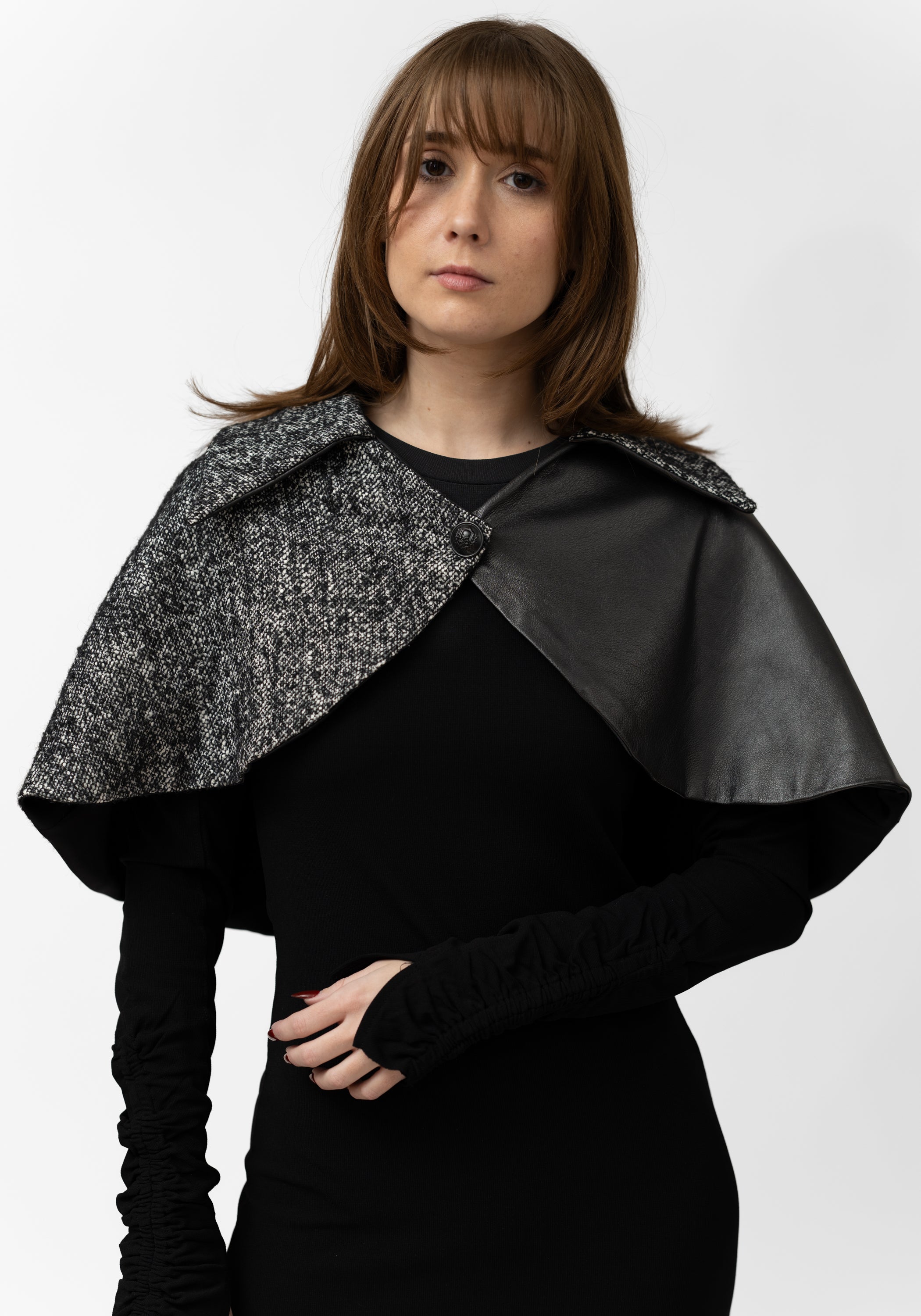 Asymmetric Tweed and Lambskin Cape | Sumie Tachibana – December