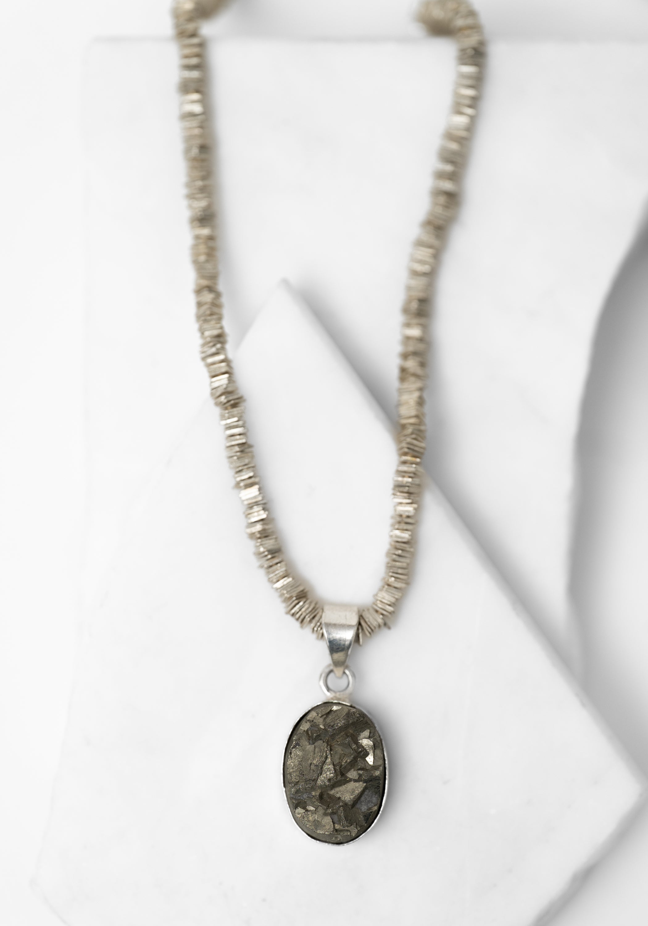 Oval Pyrite Pendant and Square Trade Beads Necklace - December Thieves