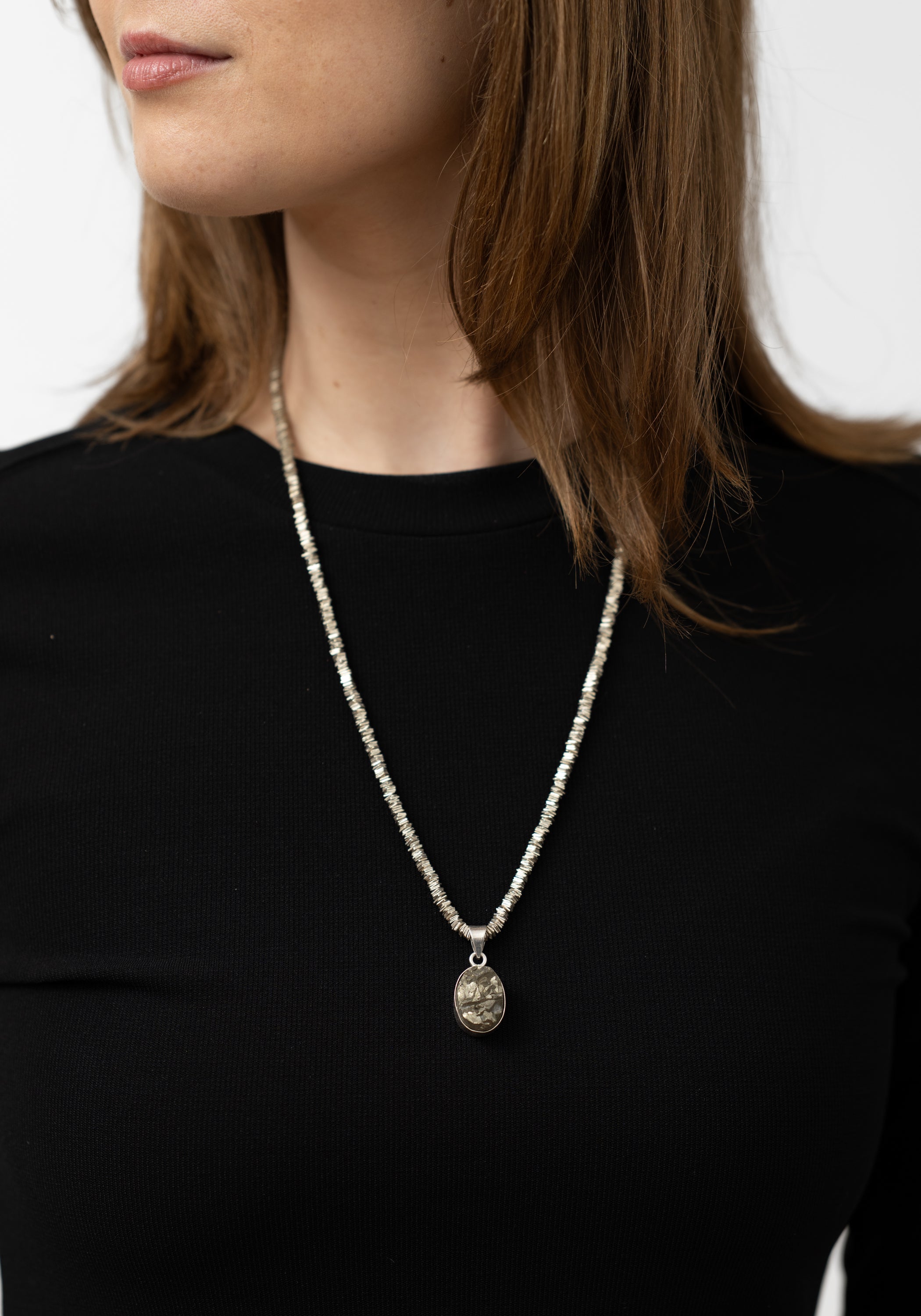Oval Pyrite Pendant and Square Trade Beads Necklace - December Thieves