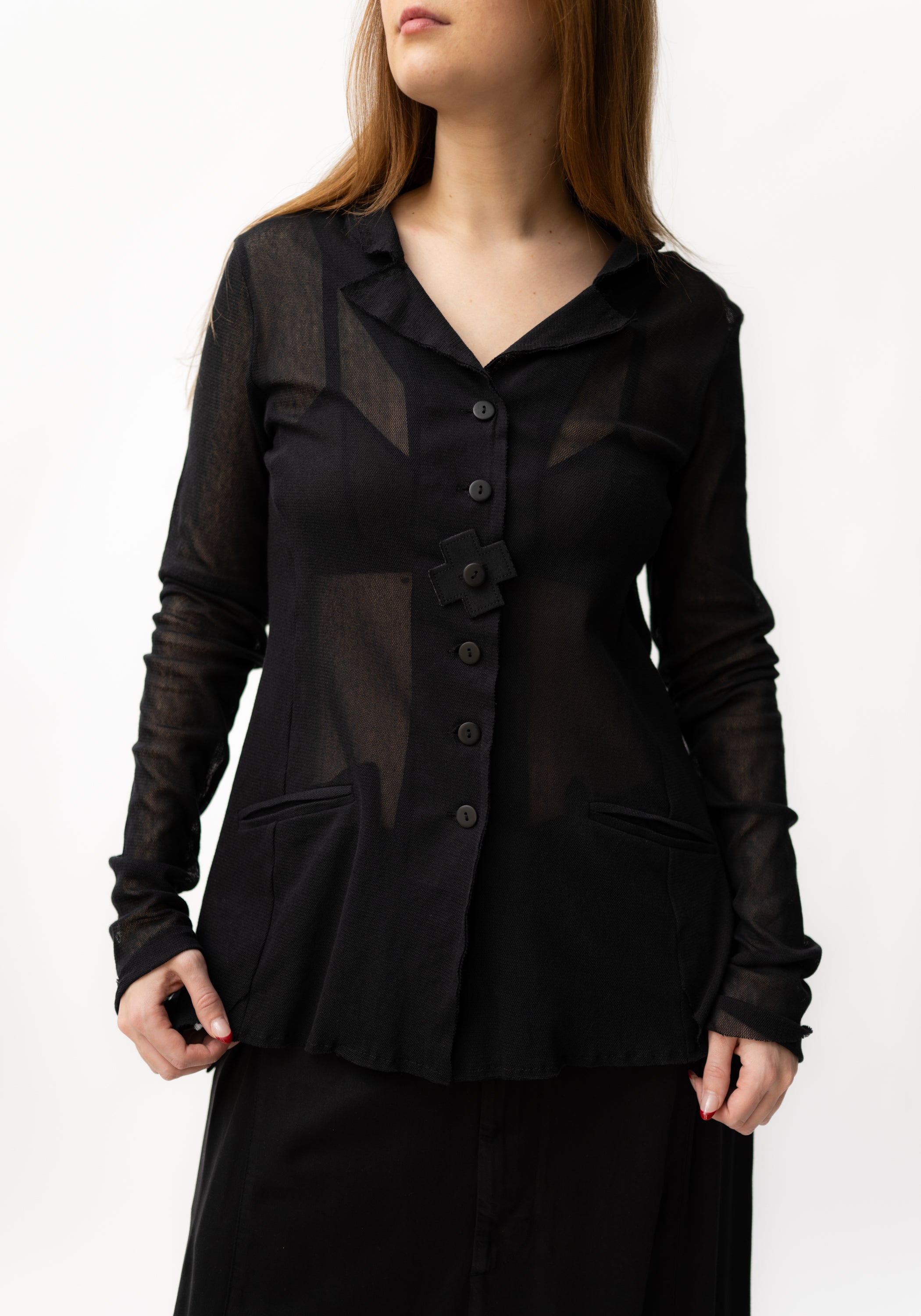 Long Button Front Mesh Blazer