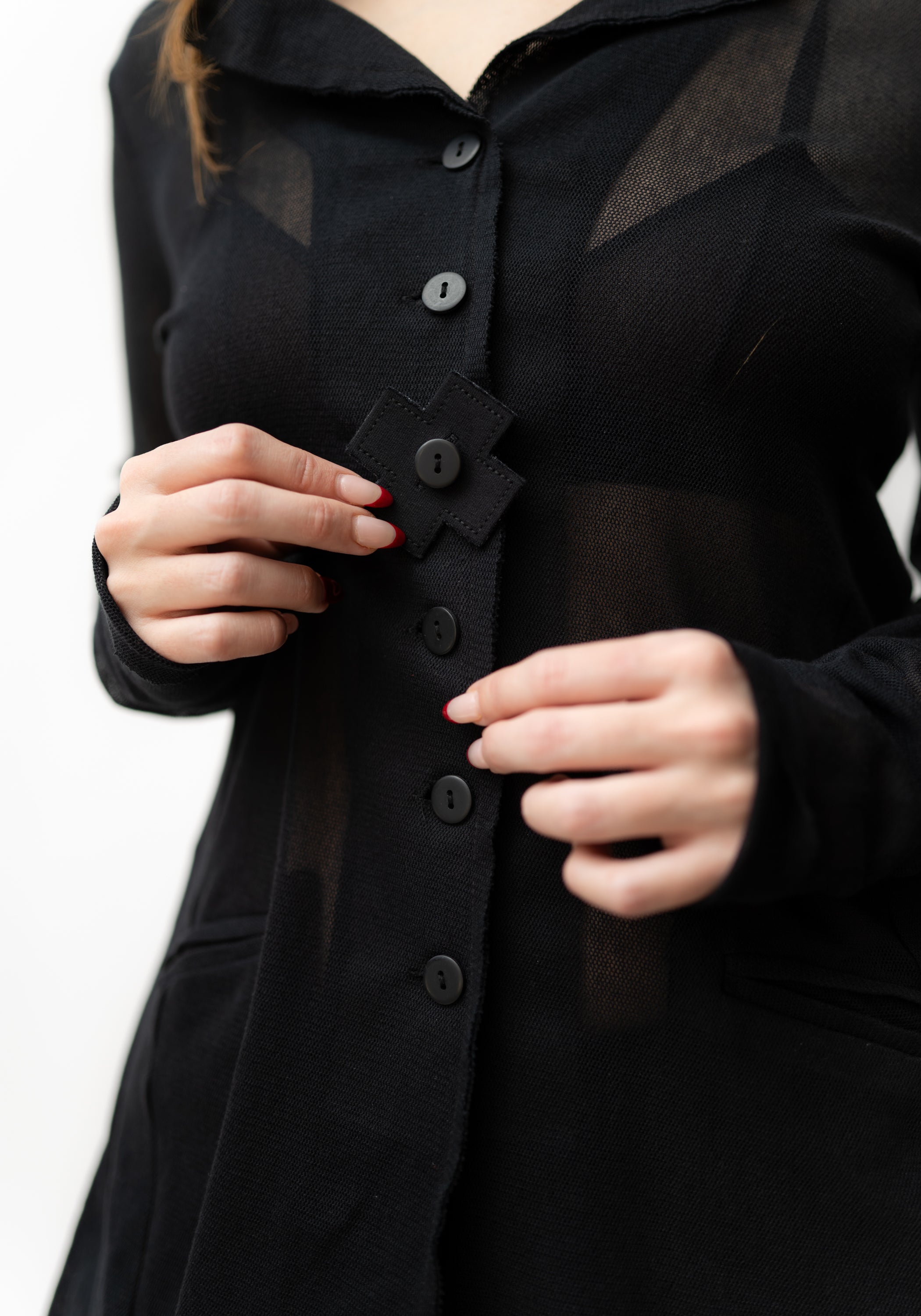 Long Button Front Mesh Blazer