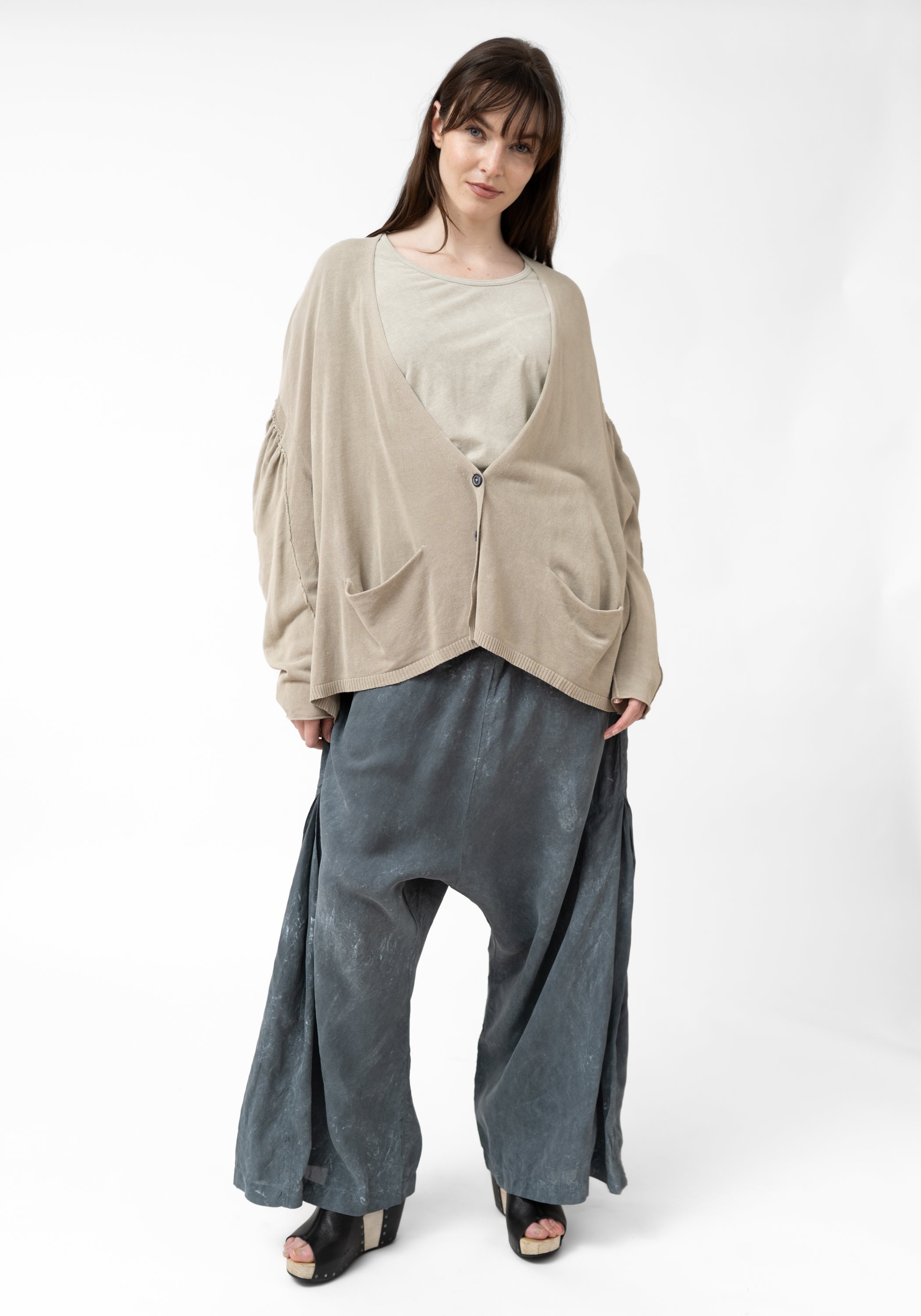 Oversized Drop Shoulder Gathered Sleeve Knit Cardigan