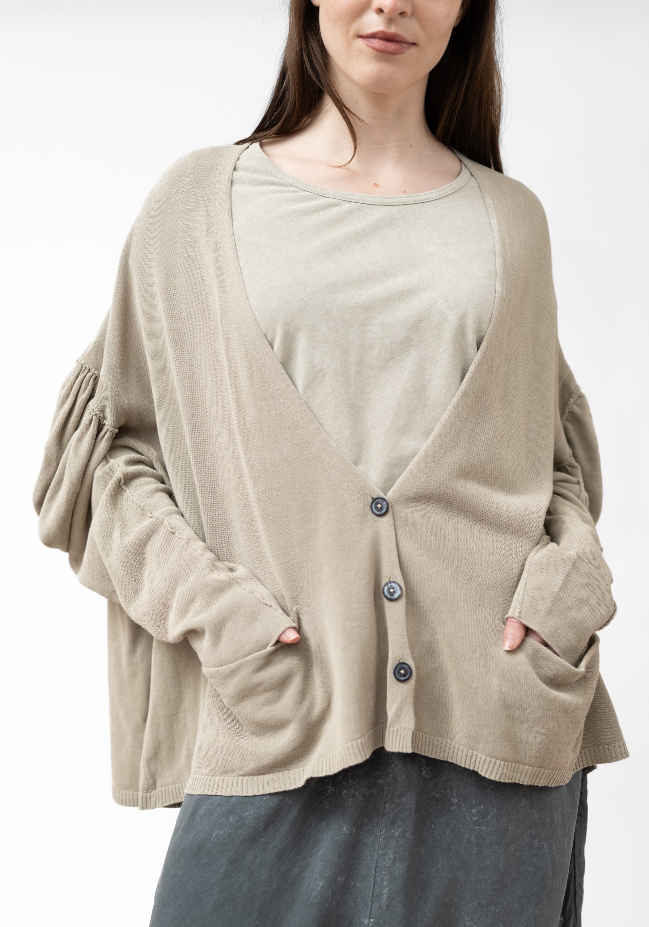 Oversized Drop Shoulder Gathered Sleeve Knit Cardigan
