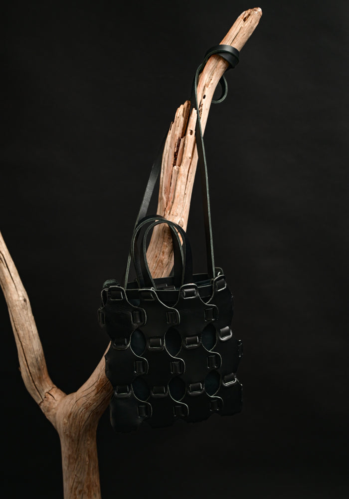Black Leather and Cotton Small Braided Tote Bag | 10.03.53