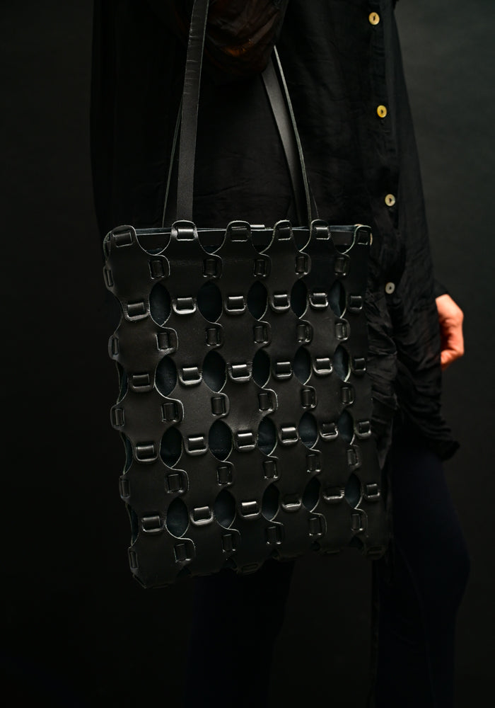 Black Leather and Cotton Braided Tote Bag | 10.03.53 Leather Accessories