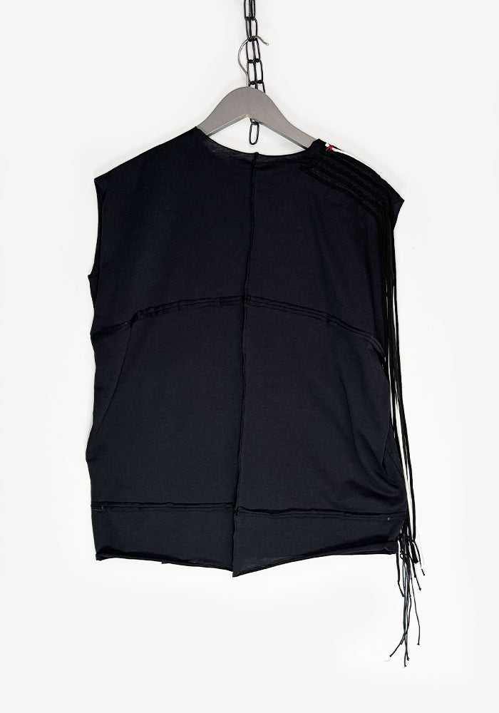 Oversized Tank with Hanging Threads on Right Shoulder
