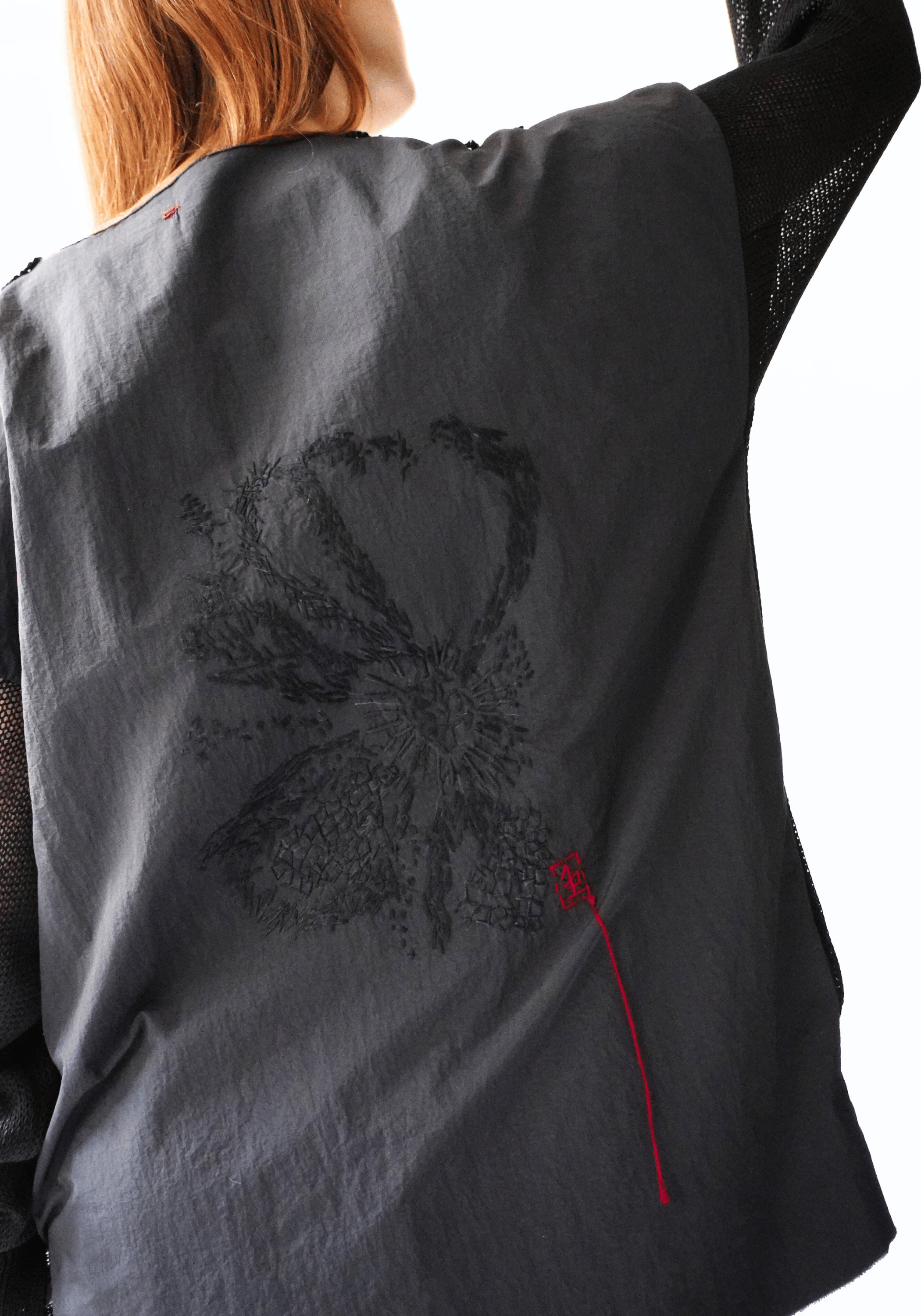 Tag Hand Embroidered Floral Motif Contrast Back Black Linen Knit Pullover