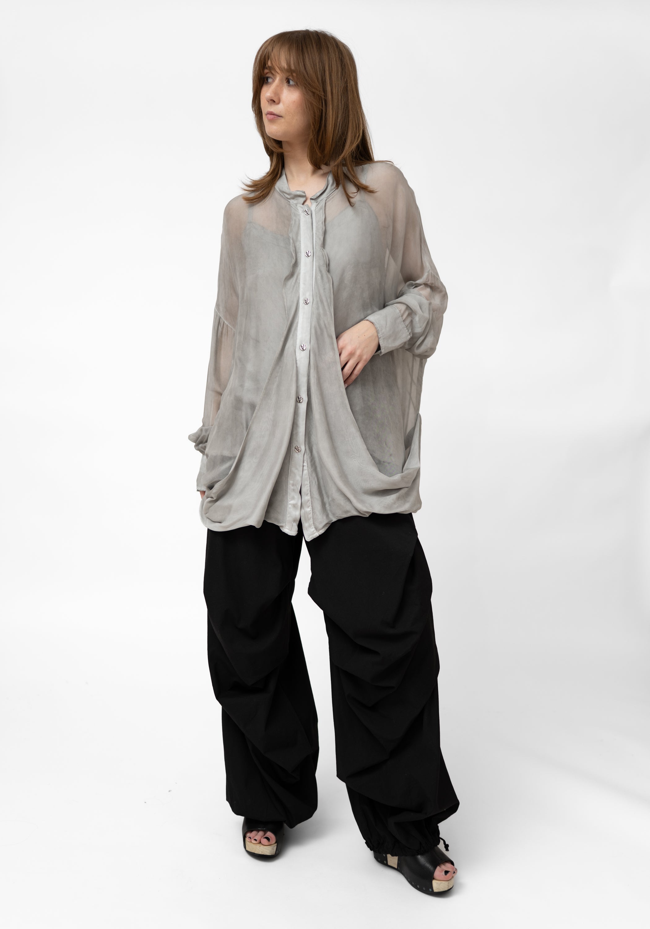 Semi-Sheer High Neck Drape Detail Blouse - December Thieves