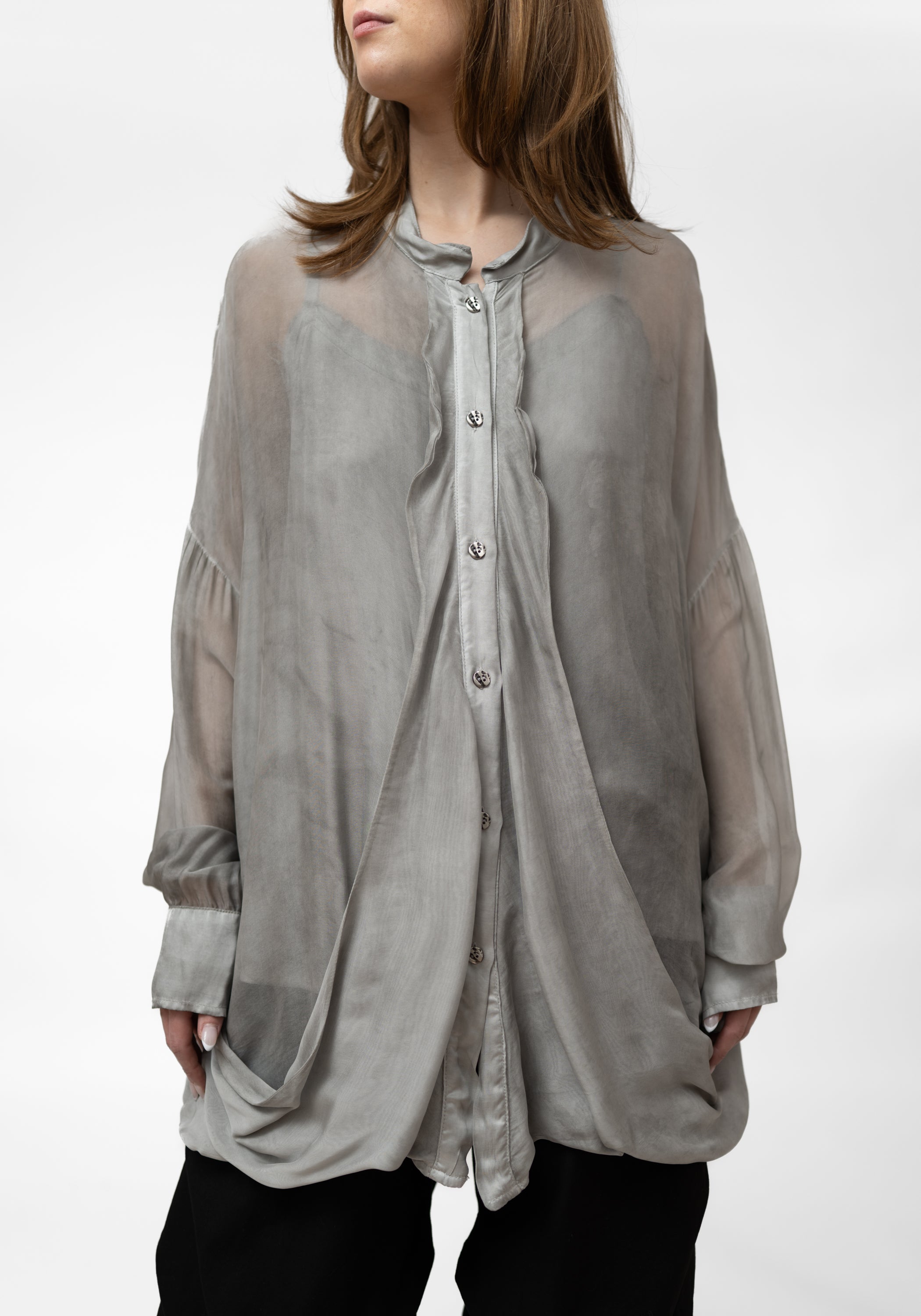 Semi-Sheer High Neck Drape Detail Blouse - December Thieves