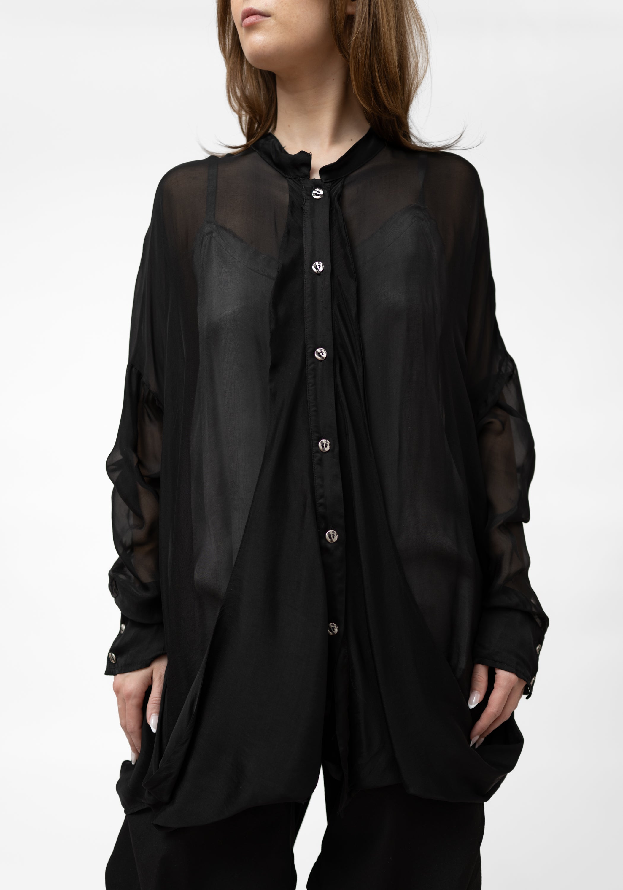 Semi-Sheer High Neck Drape Detail Blouse - December Thieves