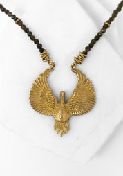 Dark Golden Obsidian and Brass Bird Necklace