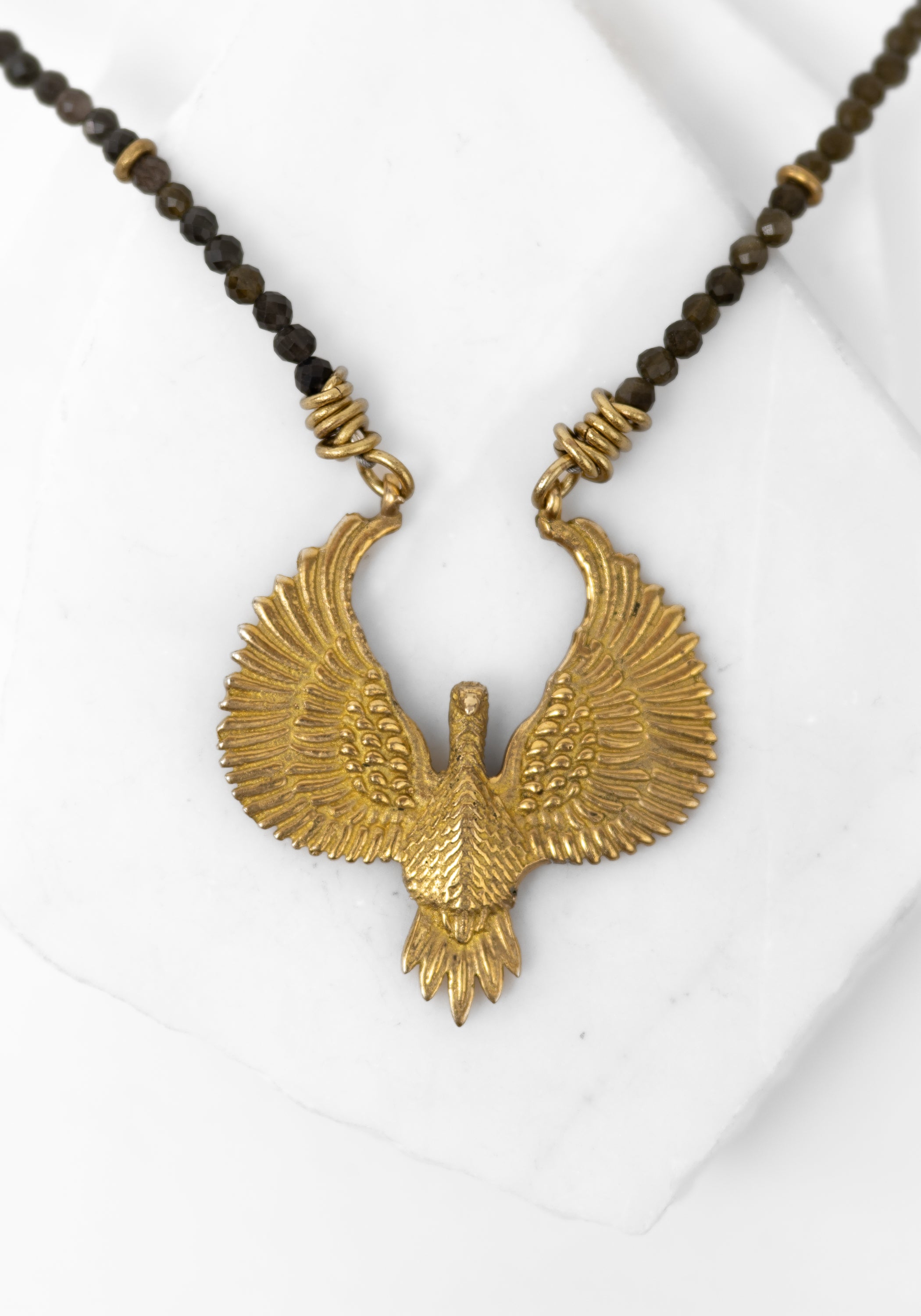 Dark Golden Obsidian and Brass Bird Necklace