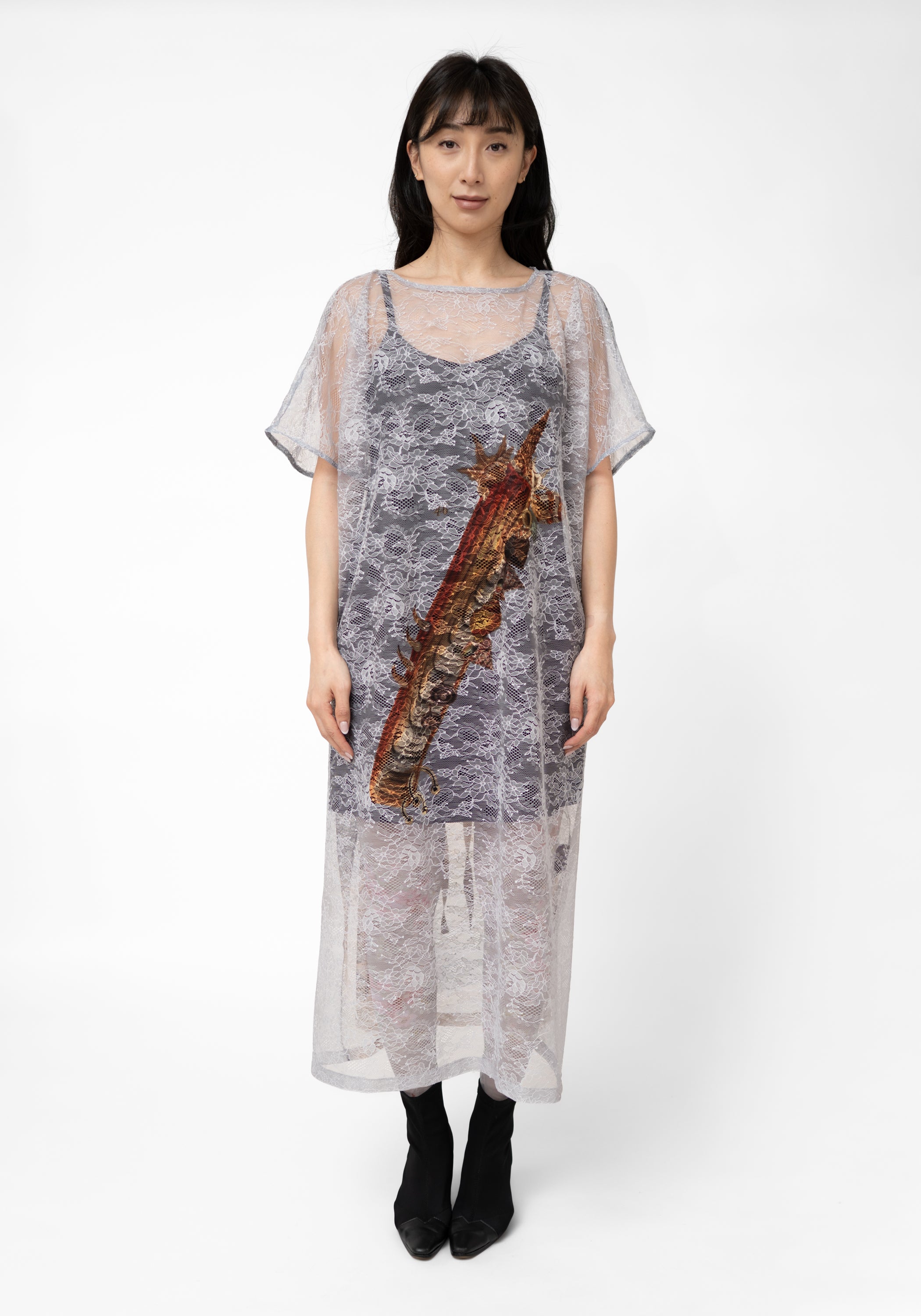 Semi-Sheer Printed Lace Back Lace Dress - December Thieves