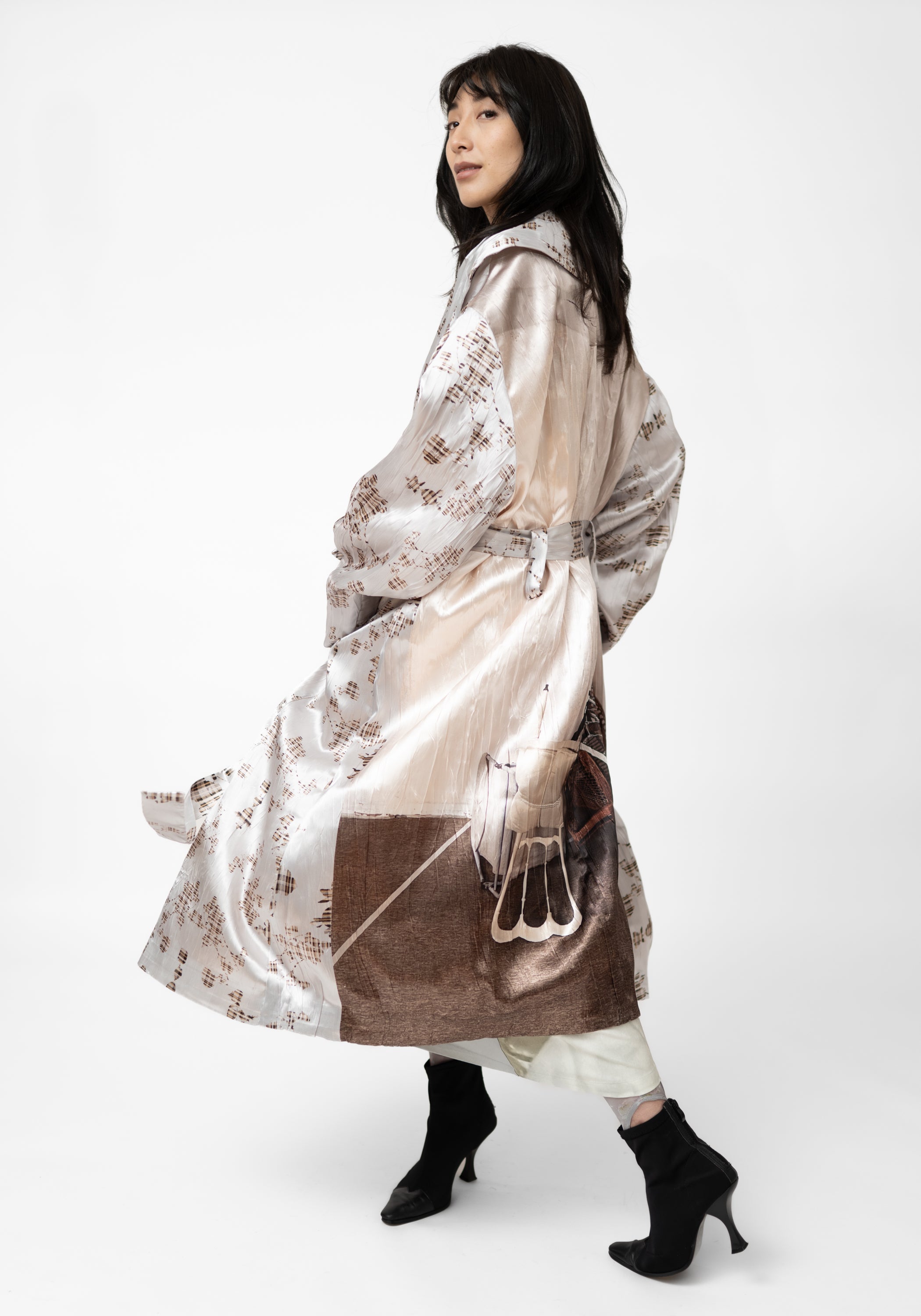 Oversized Printed Satin Tie Front Maxi Jacket - December Thieves