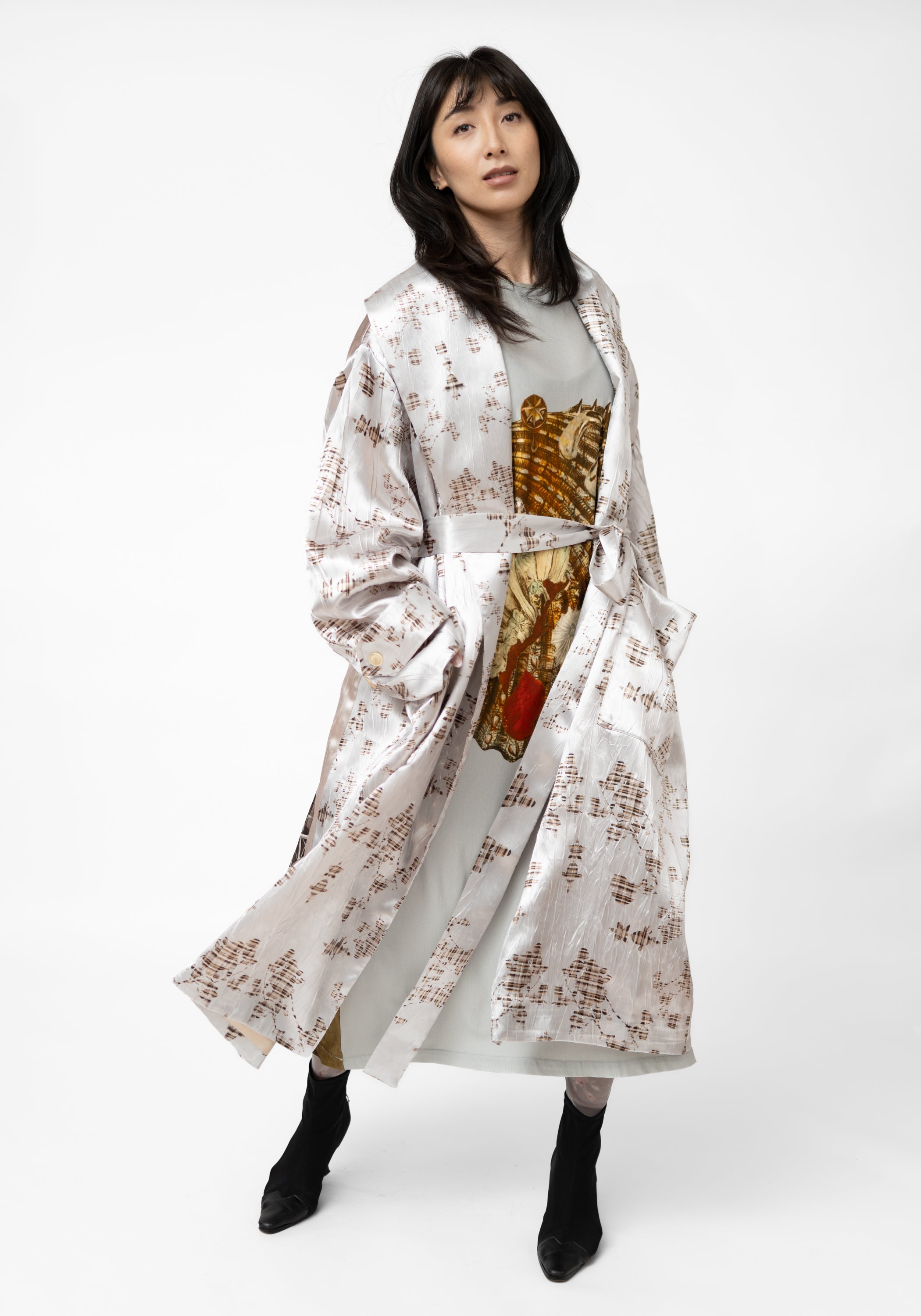 Oversized Printed Satin Tie Front Maxi Jacket - December Thieves