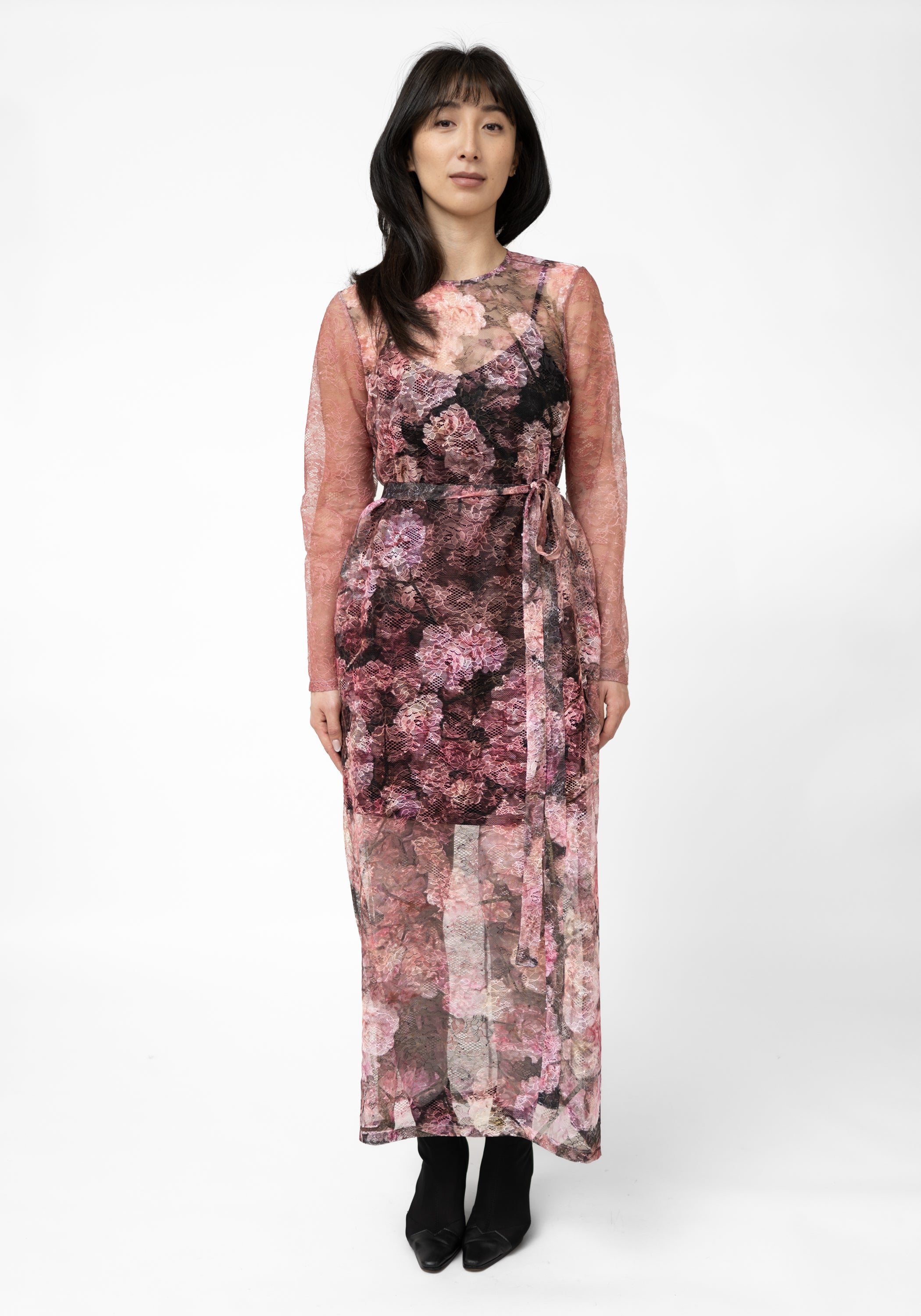 Semi-Sheer Tie Waist Printed Lace Maxi Dress - December Thieves