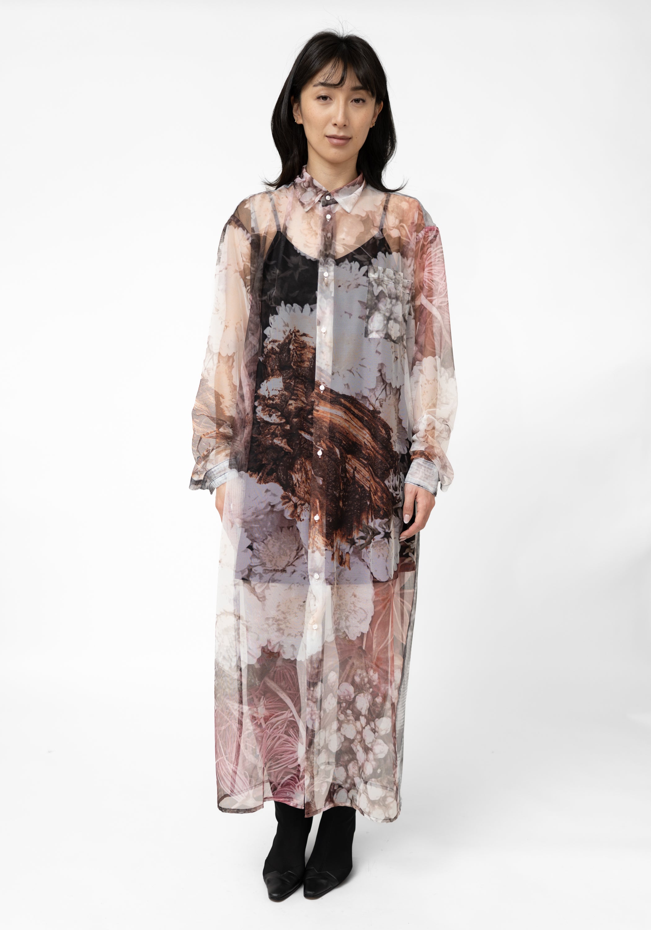 Oversized Semi-Sheer Printed Mesh Shirt Dress - December Thieves