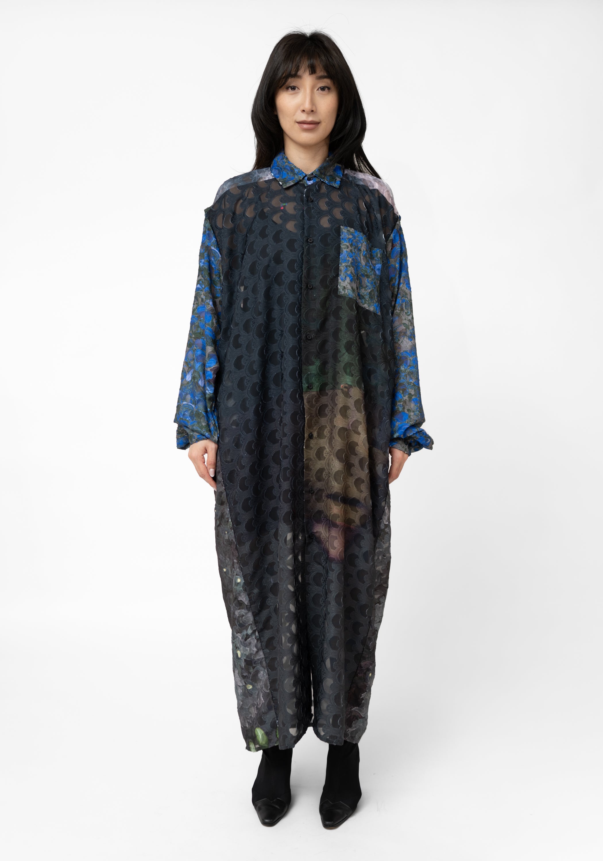 Transformable Semi-Sheer Open Shoulder Printed Maxi Shirtdress - December Thieves