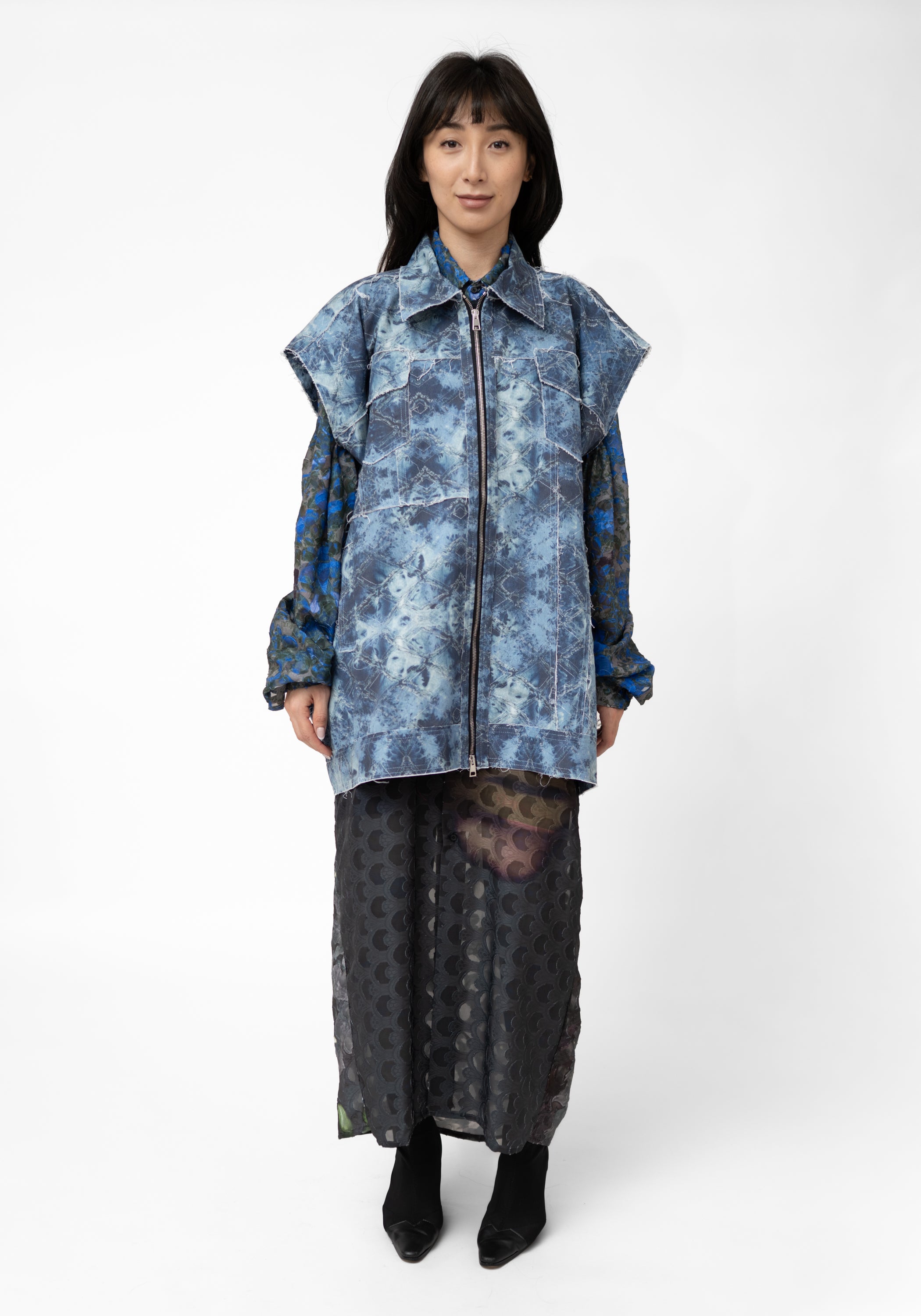 Oversized Printed Trompe L'oeil Denim Cut-Off Sleeve Jacket - December Thieves