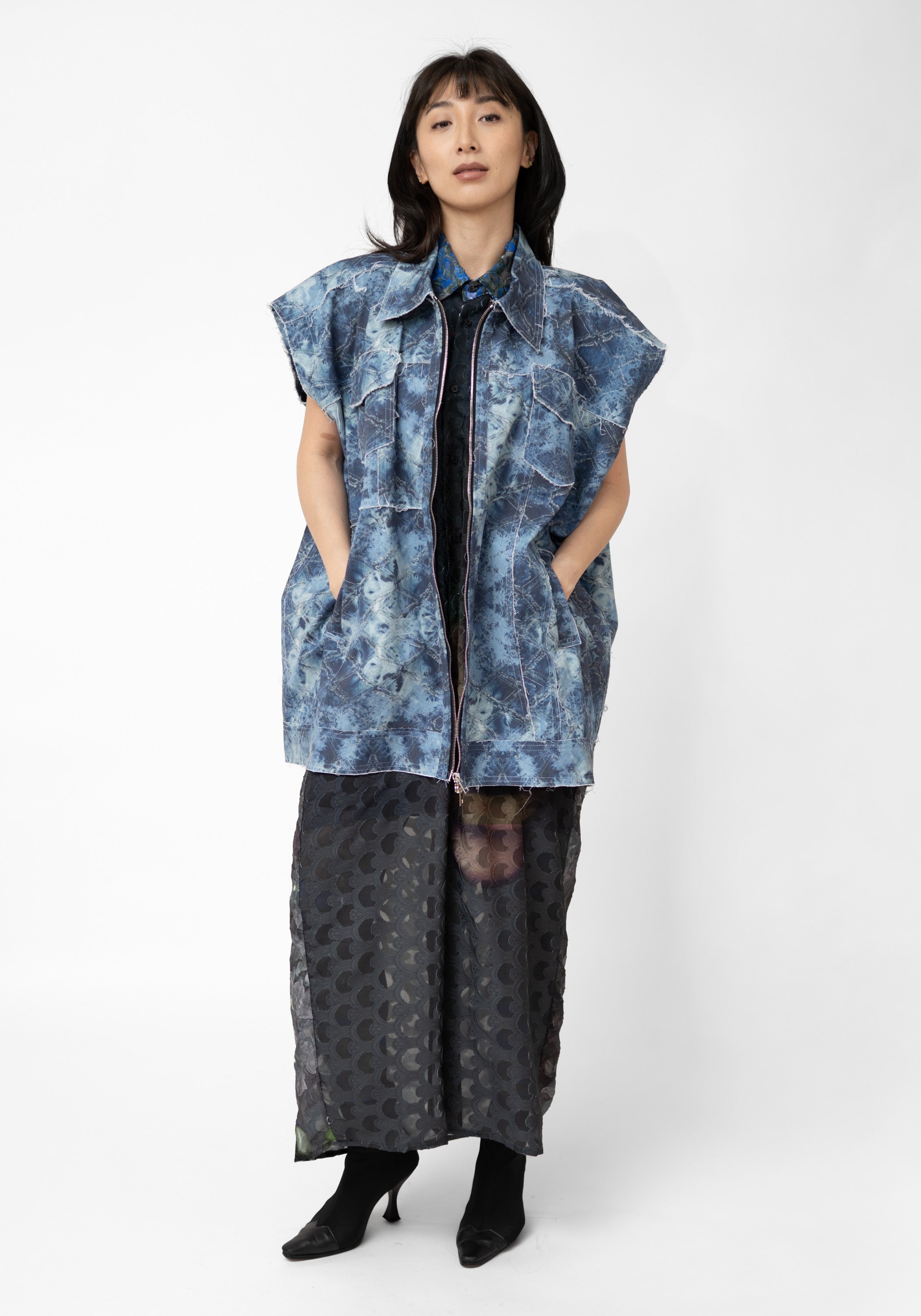 Oversized Printed Trompe L'oeil Denim Cut-Off Sleeve Jacket - December Thieves