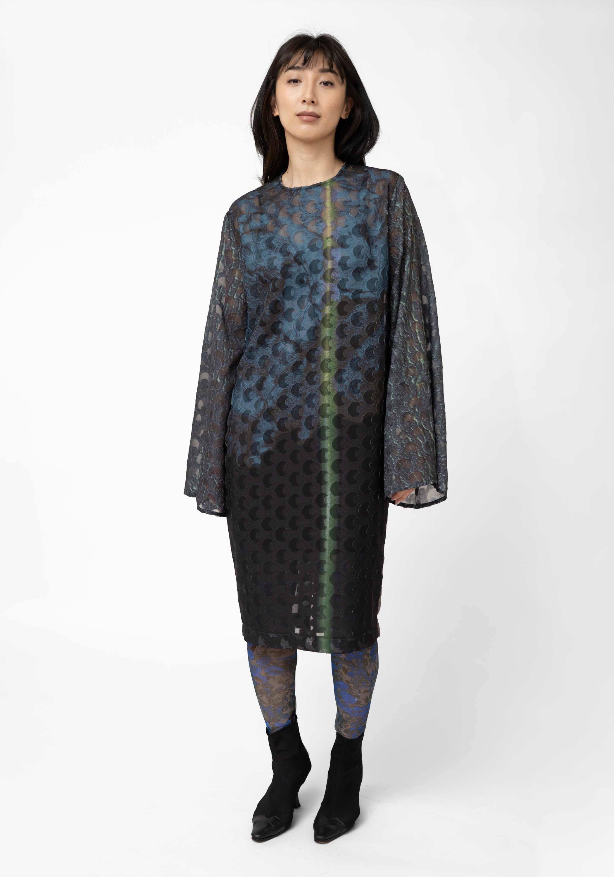 Semi-Sheer Bell Sleeve Printed Midi Dress - December Thieves