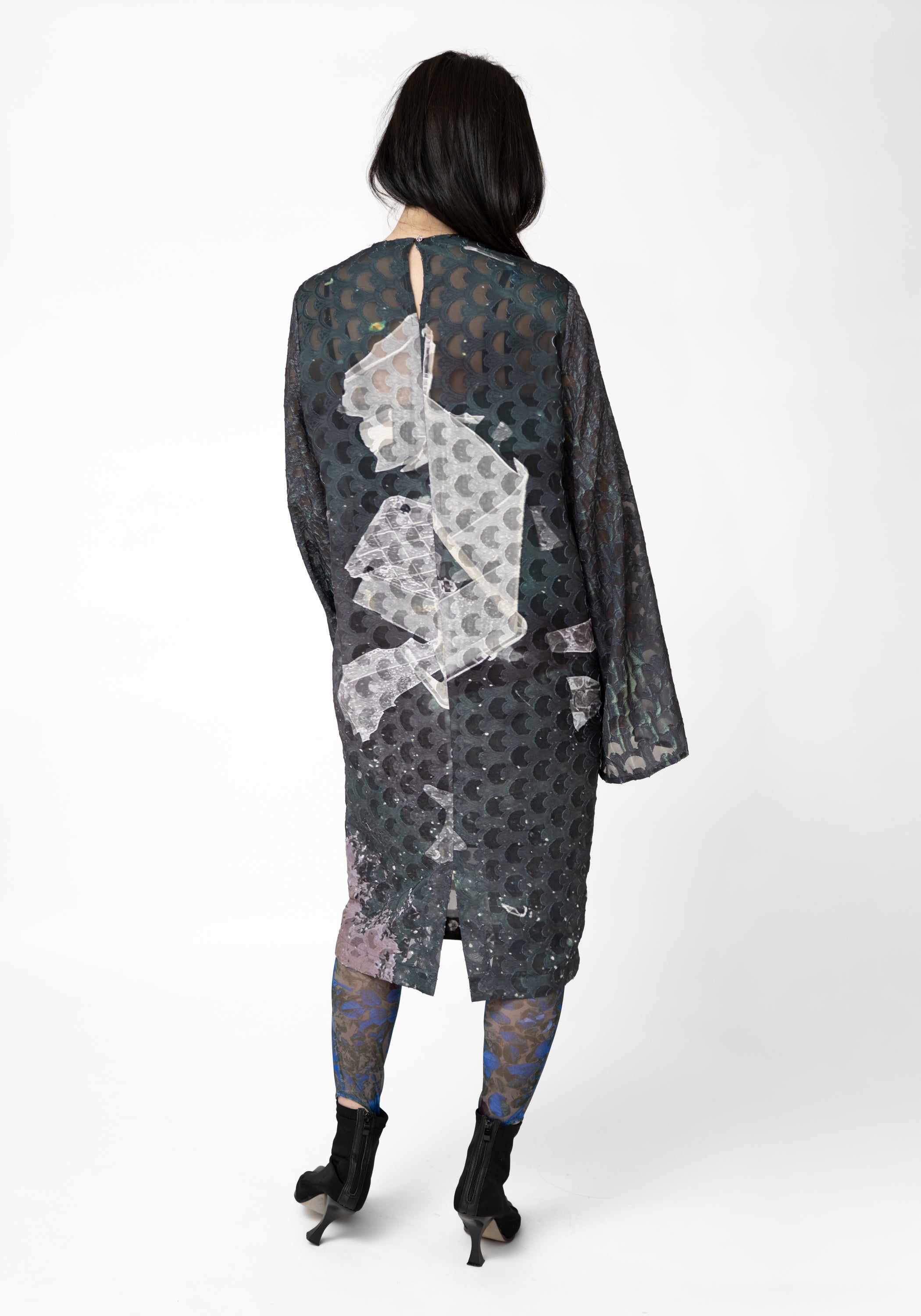 Semi-Sheer Bell Sleeve Printed Midi Dress - December Thieves
