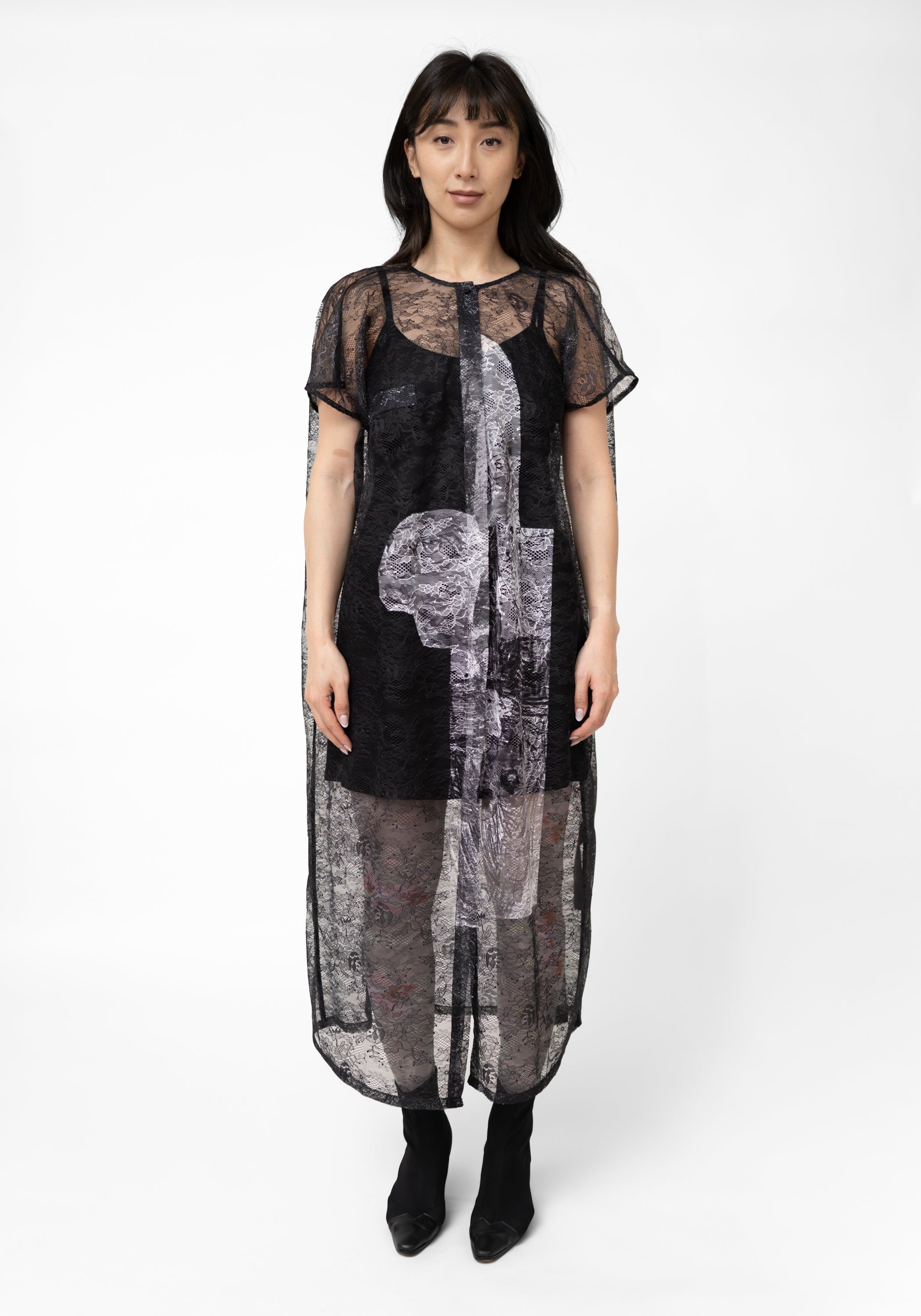 Sheer Button Front Printed Lace Dress - December Thieves