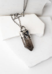 Oxidized Sterling Silver and Squat Smokey Quartz Pendulum Necklace