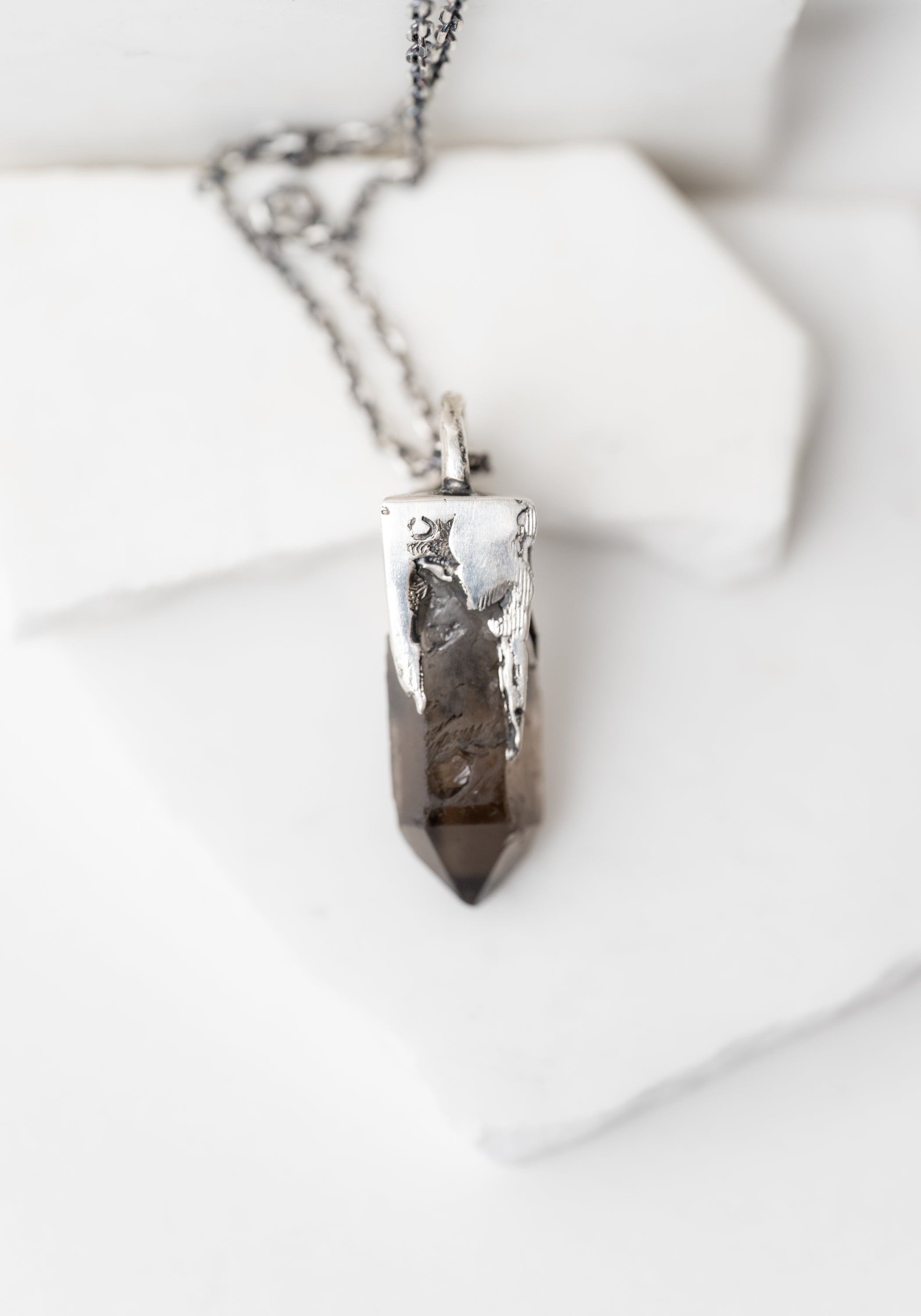 Oxidized Sterling Silver and Squat Smokey Quartz Pendulum Necklace