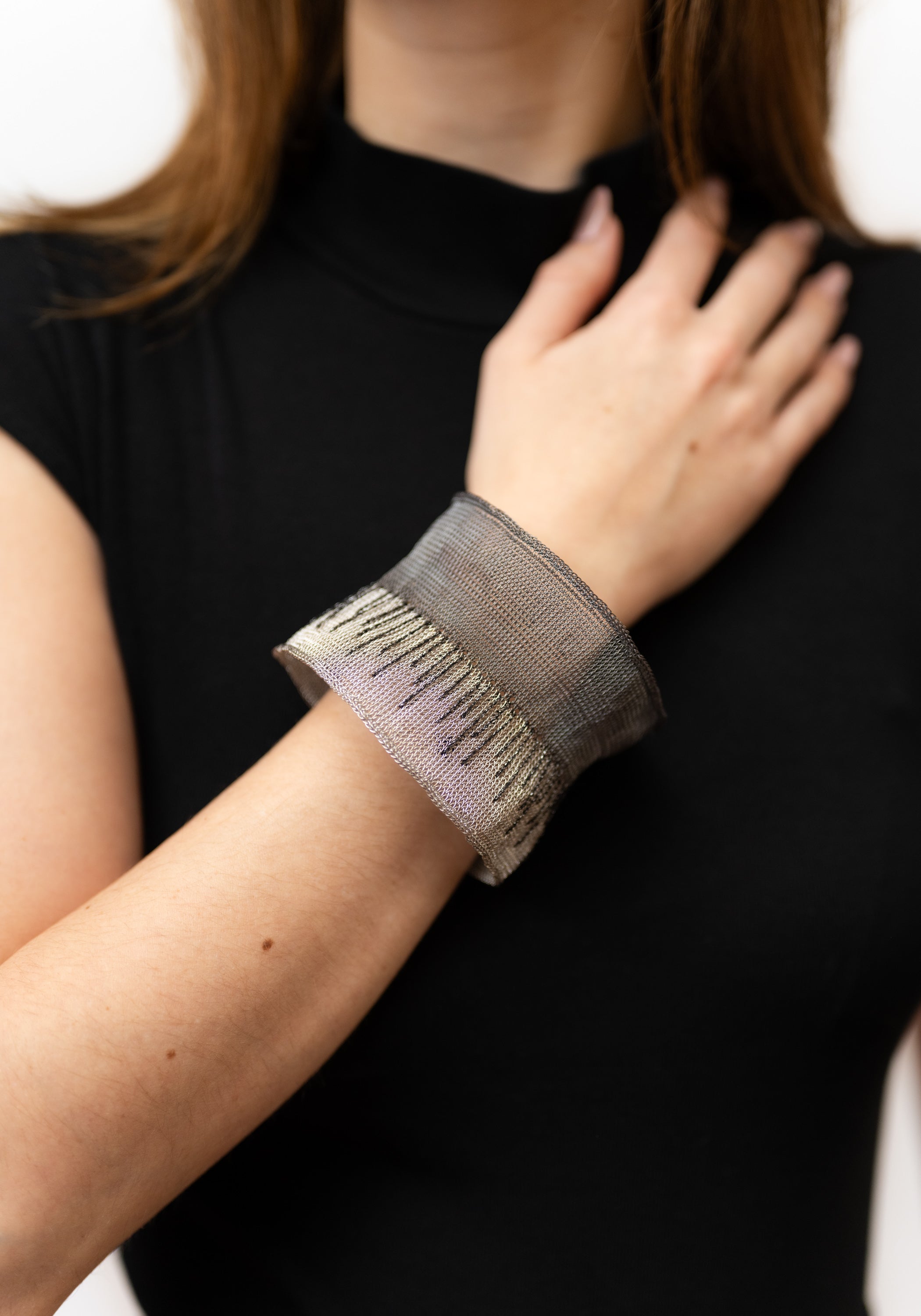 Contrast Color Oxidized Sterling Silver Plated Brass Silk Stripes Cuff