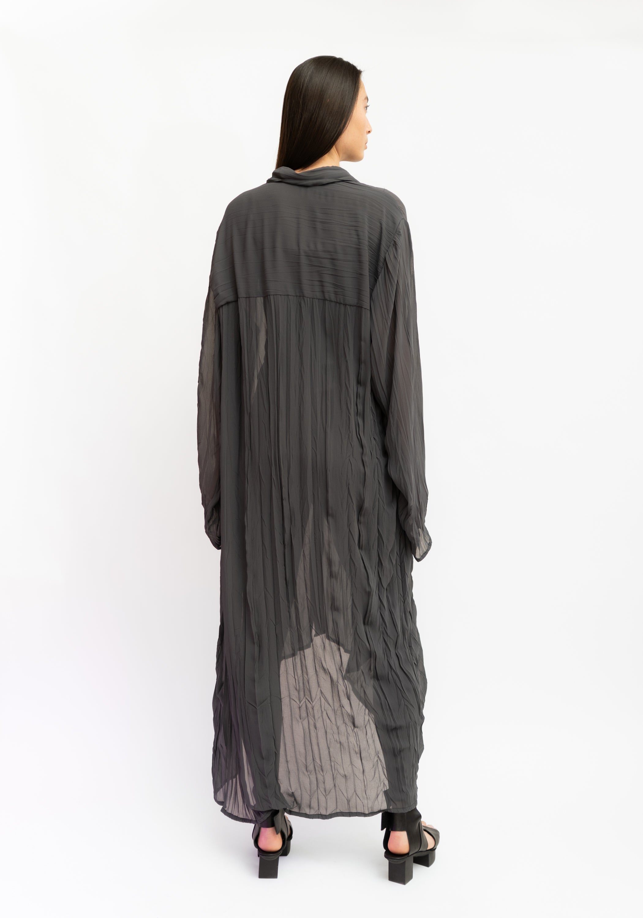 Semi-Sheer Maxi Length Crinkle Texture Shirt Dress