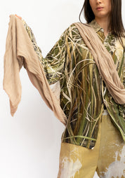 Draped Scarf Detail Oversized Puff Sleeve Printed Blouse