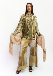 Draped Scarf Detail Oversized Puff Sleeve Printed Blouse