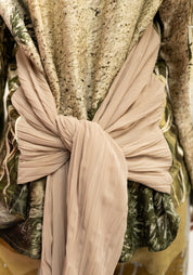Draped Scarf Detail Oversized Puff Sleeve Printed Blouse