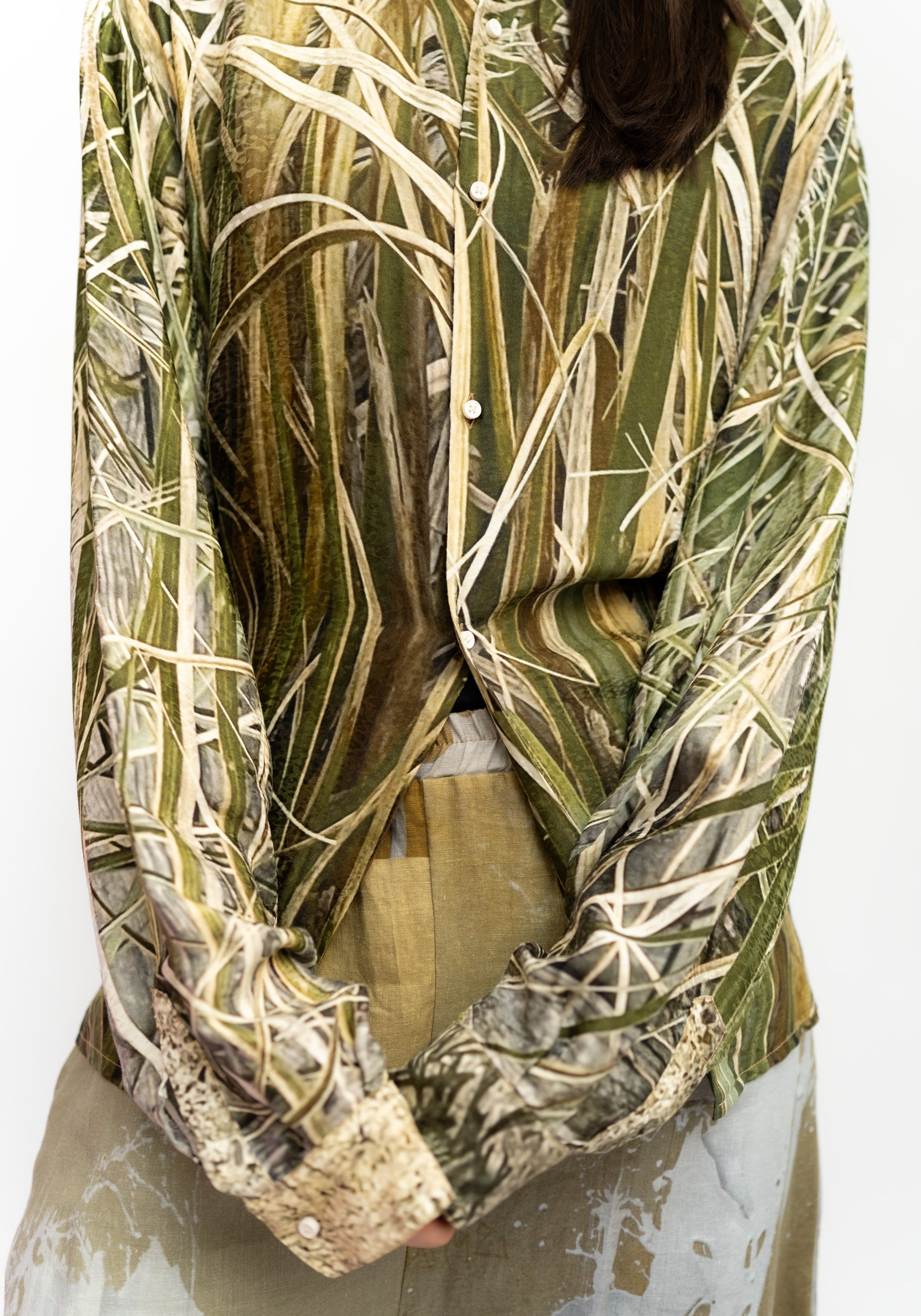Draped Scarf Detail Oversized Puff Sleeve Printed Blouse