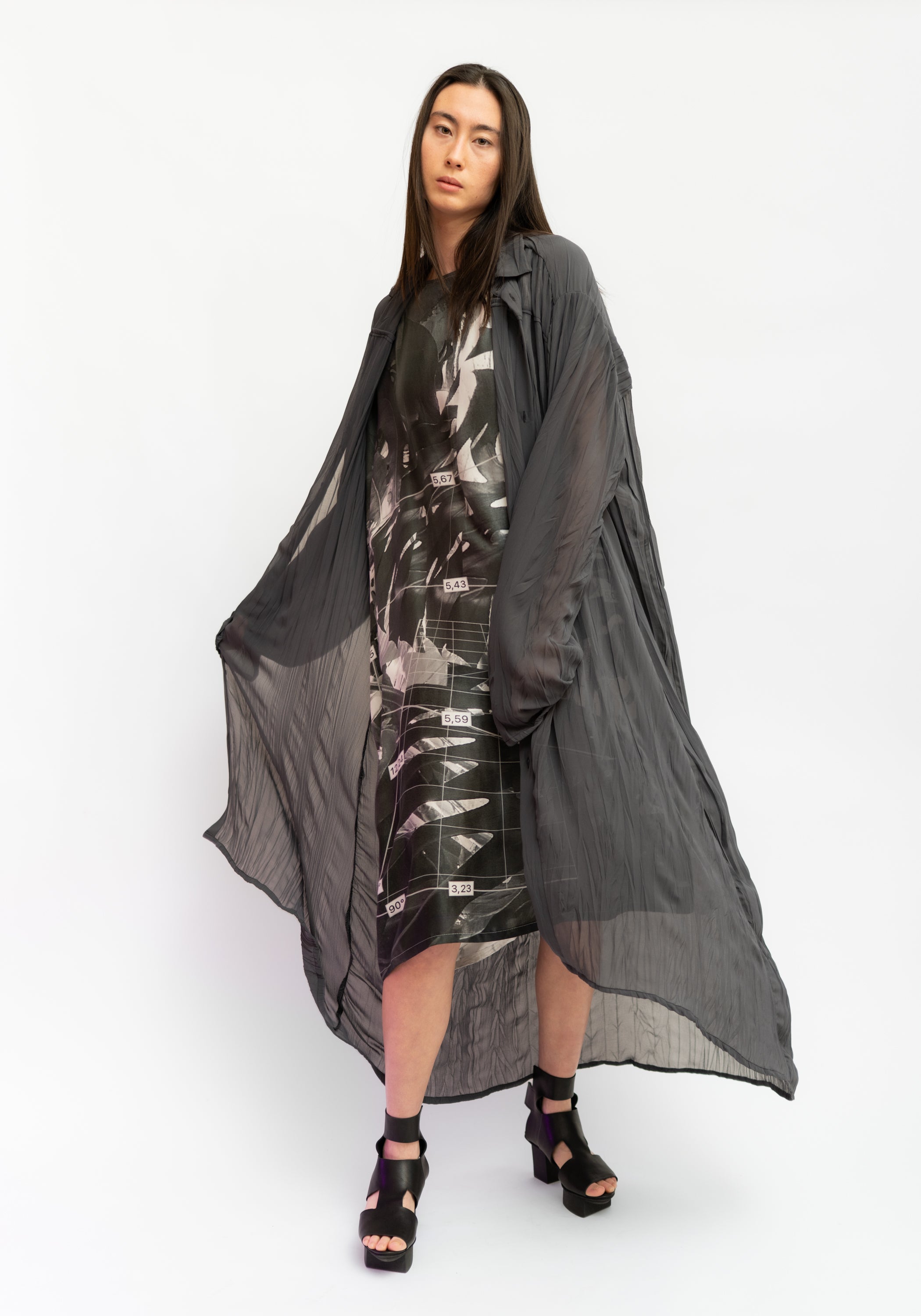 Semi-Sheer Maxi Length Crinkle Texture Shirt Dress
