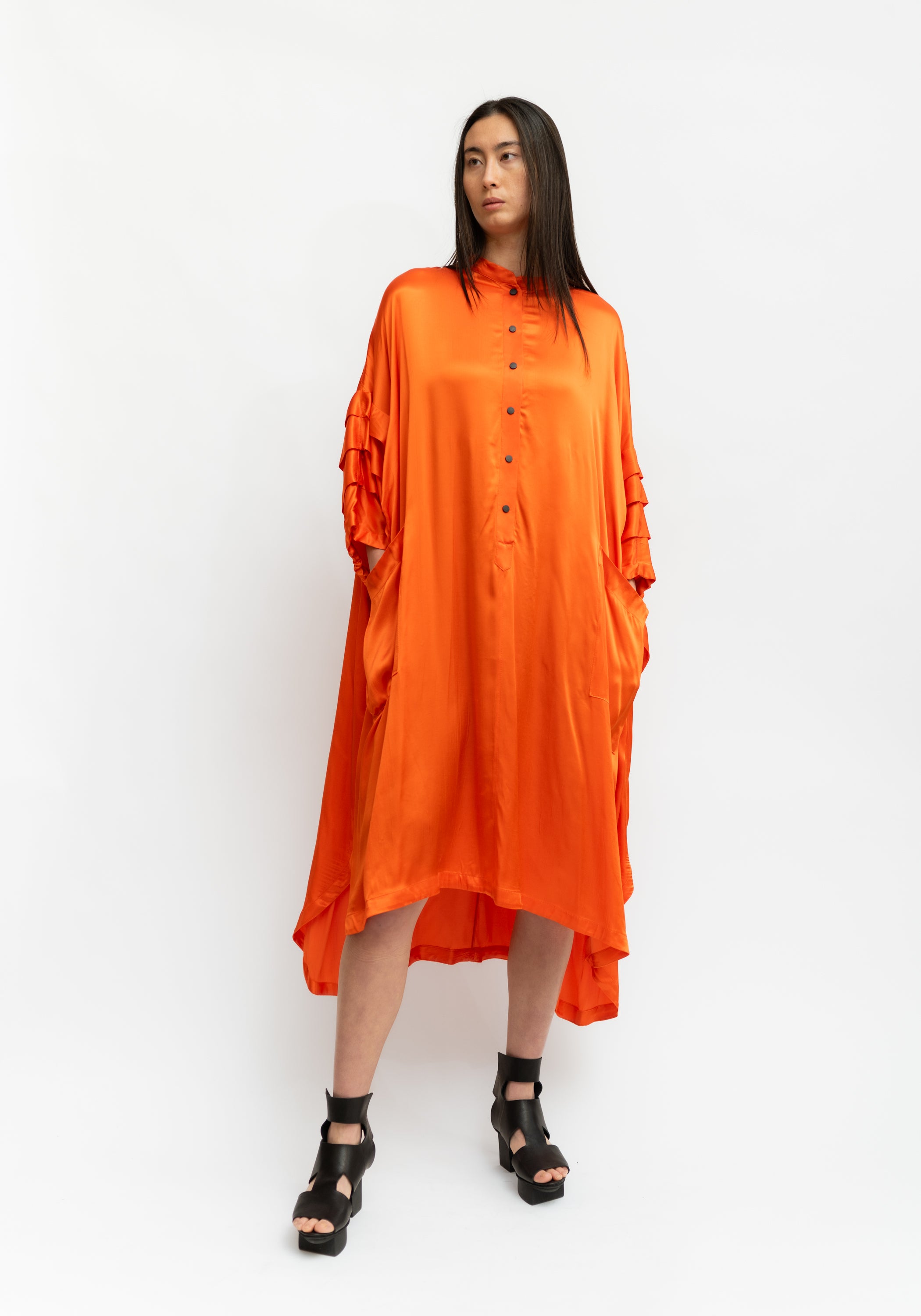 Bold Pleated Sleeve Oversized Tunic Shirt Dress