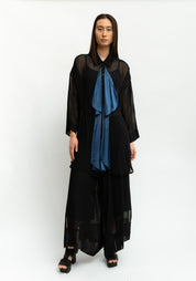 Bold Ruffle Neck Semi-Sheer Tie Waist Blouse