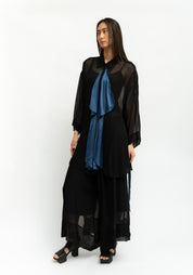 Bold Ruffle Neck Semi-Sheer Tie Waist Blouse