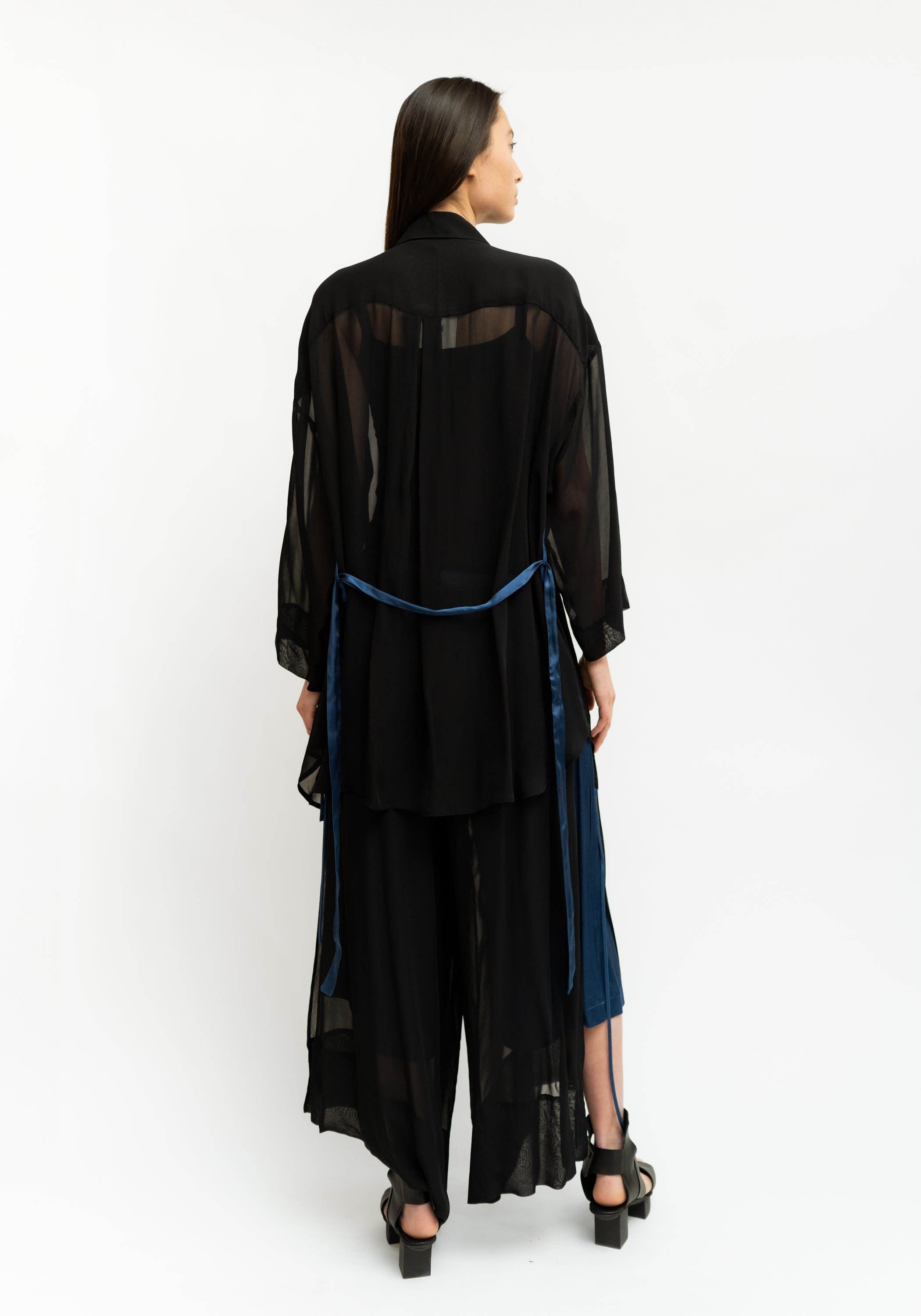 Bold Ruffle Neck Semi-Sheer Tie Waist Blouse