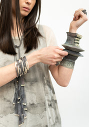 Striped Oxidized Sterling Silver Plated Brass, Swarovski and Silk Embroidered Cuff