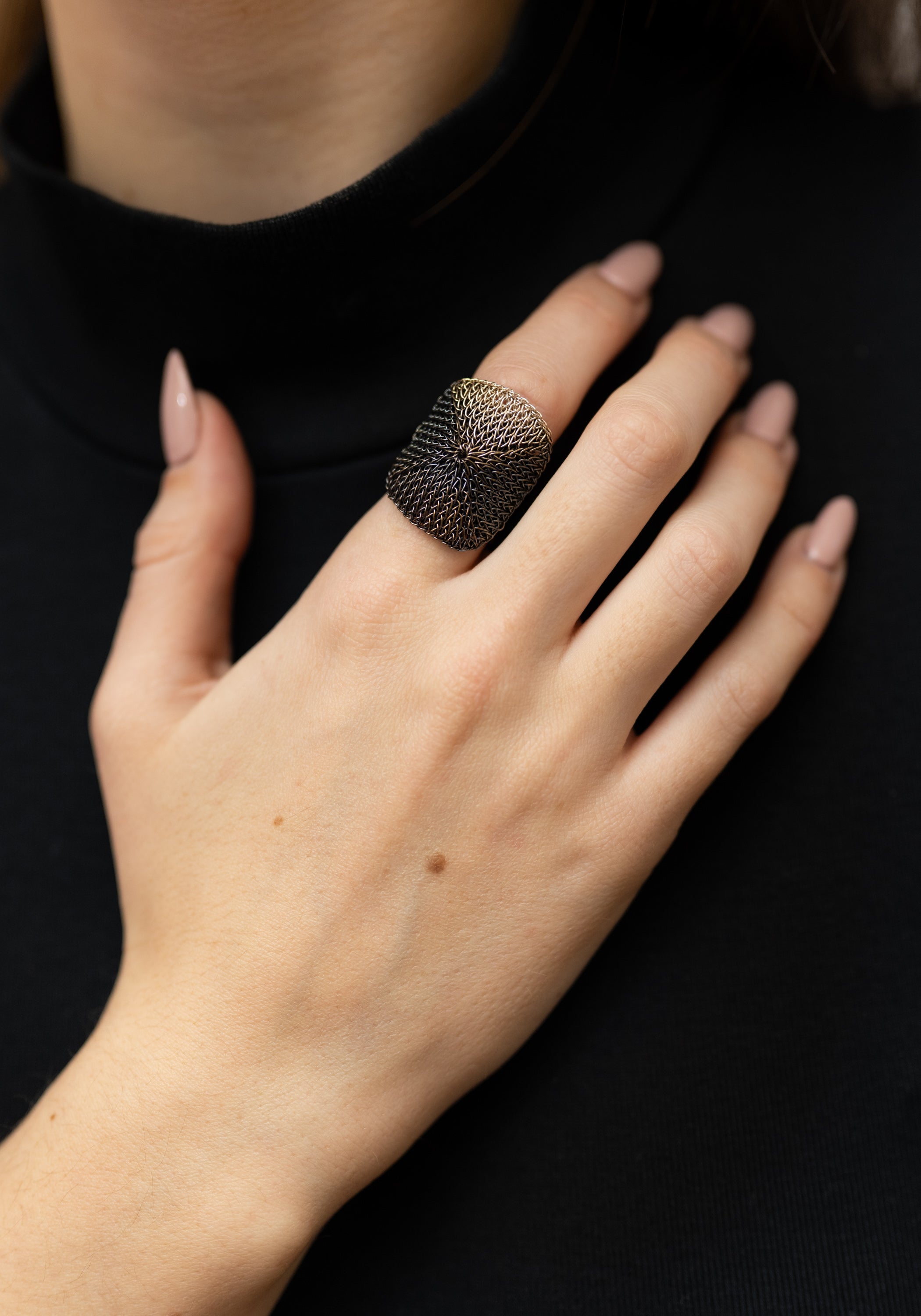 Woven Triangles Oxidized Sterling Silver Plated Brass Adjustable Ring