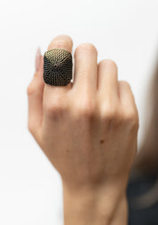 Woven Triangles Oxidized Sterling Silver Plated Brass Adjustable Ring