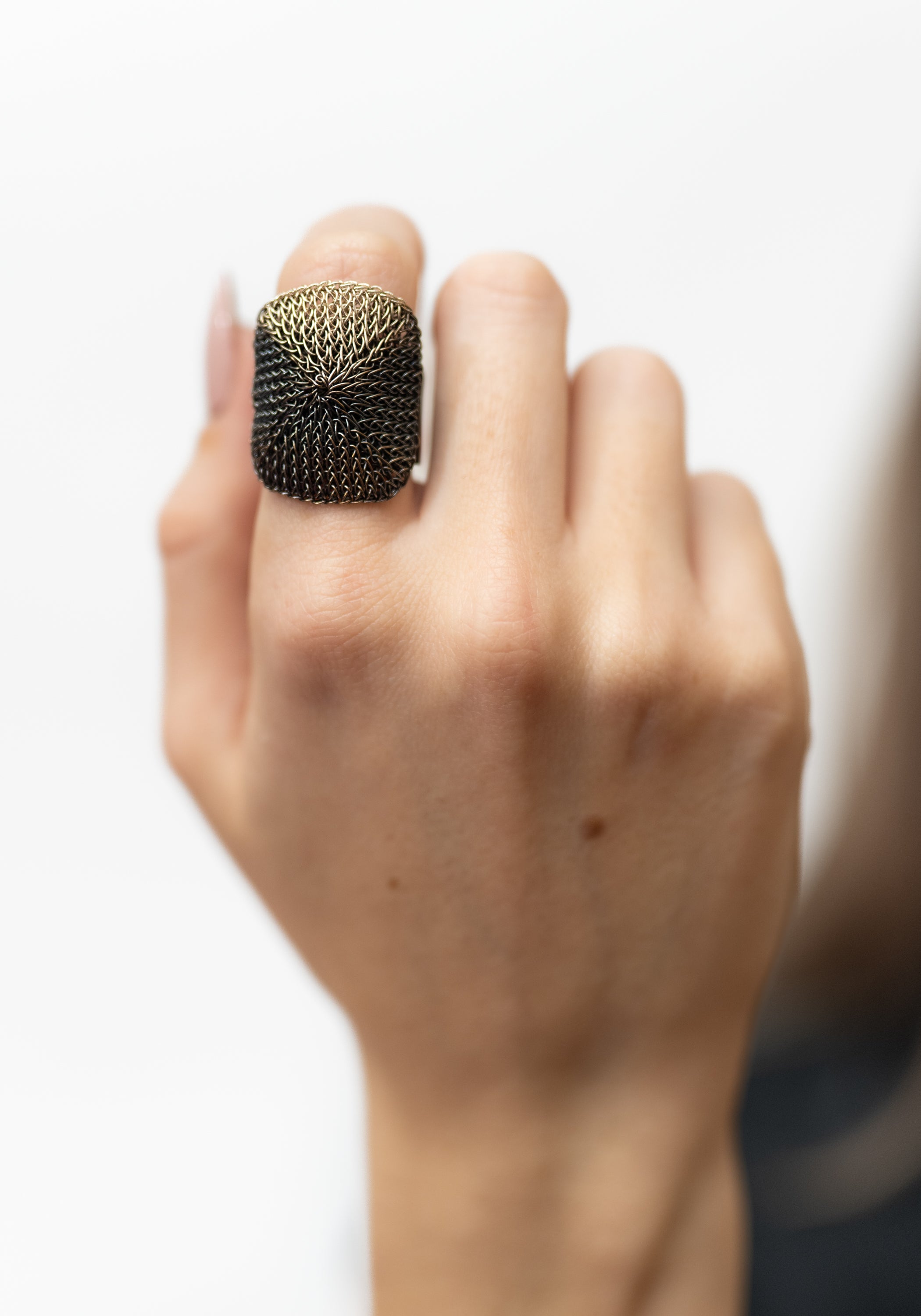 Woven Triangles Oxidized Sterling Silver Plated Brass Adjustable Ring