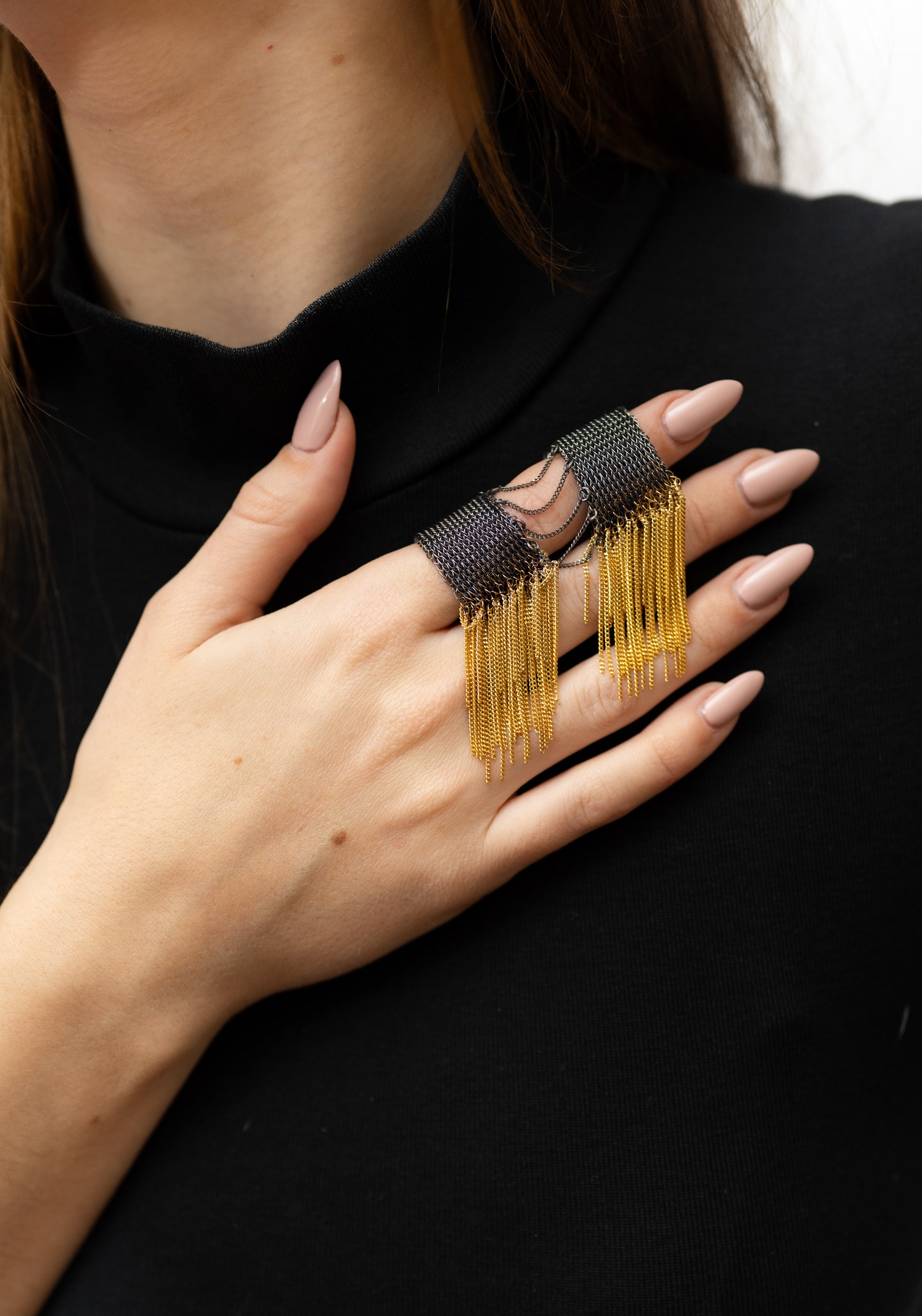 Chain Fringe Oxidized Sterling Silver Plated Brass and Chain Double Ring