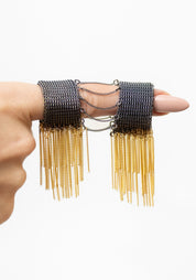 Chain Fringe Oxidized Sterling Silver Plated Brass and Chain Double Ring