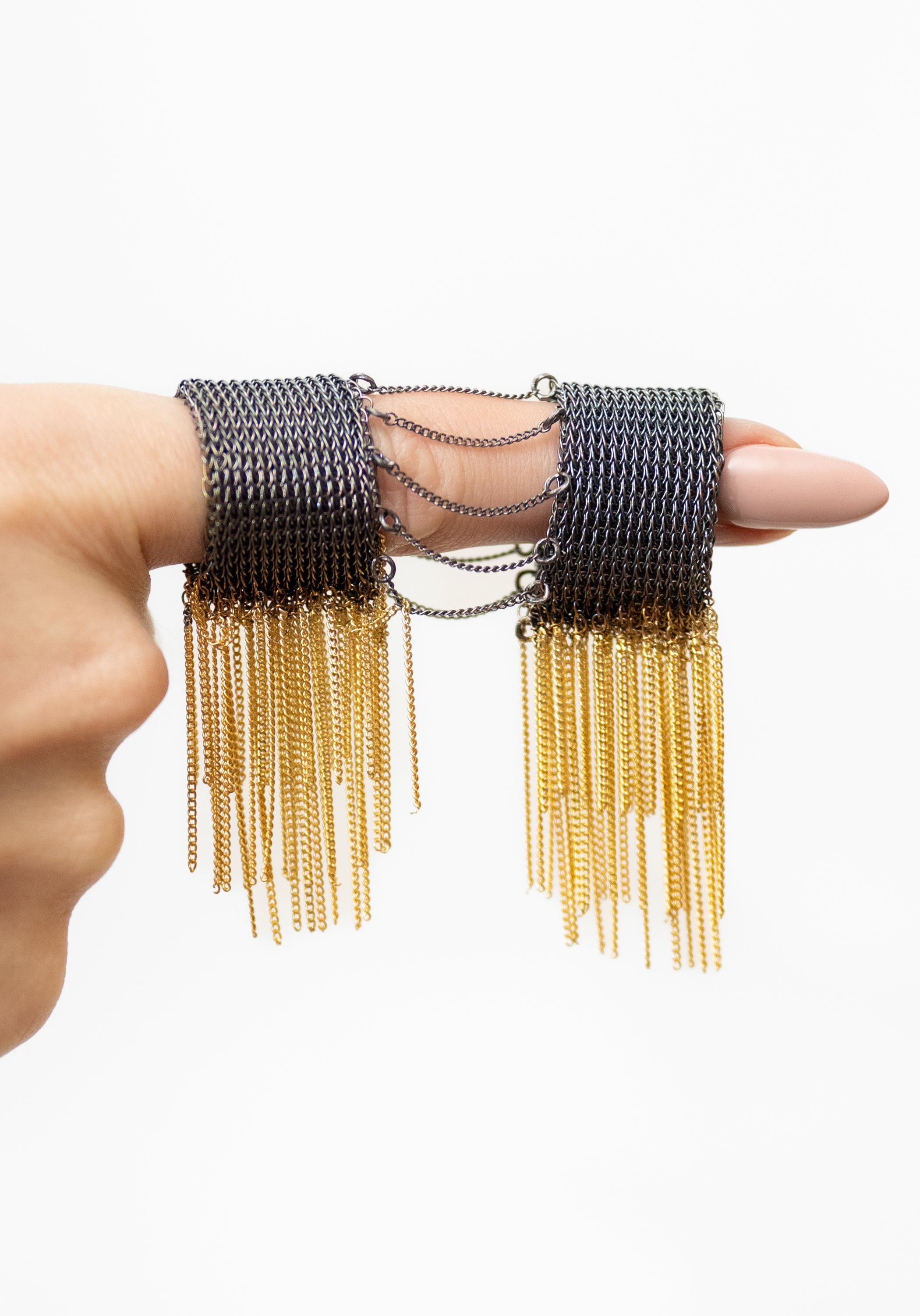 Chain Fringe Oxidized Sterling Silver Plated Brass and Chain Double Ring