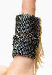 Chain Fringe Oxidized Sterling Silver Plated Brass and Chain Double Ring